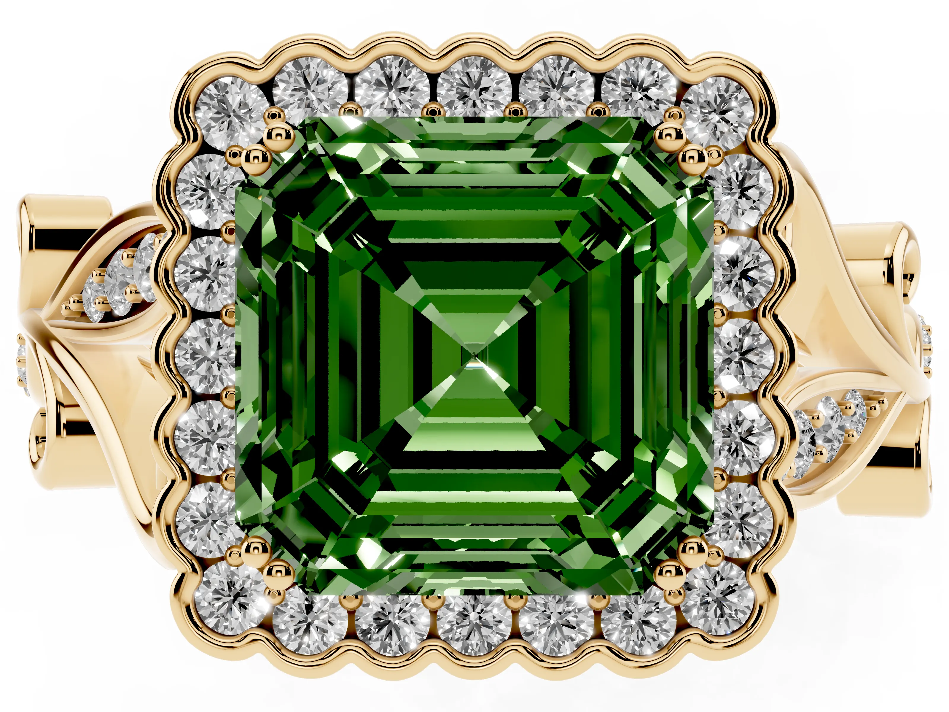 Fancy Green Asscher Cut Diamond Halo Ring Set in Yellow gold with Leaf Motif Split Shank and Prong Setting