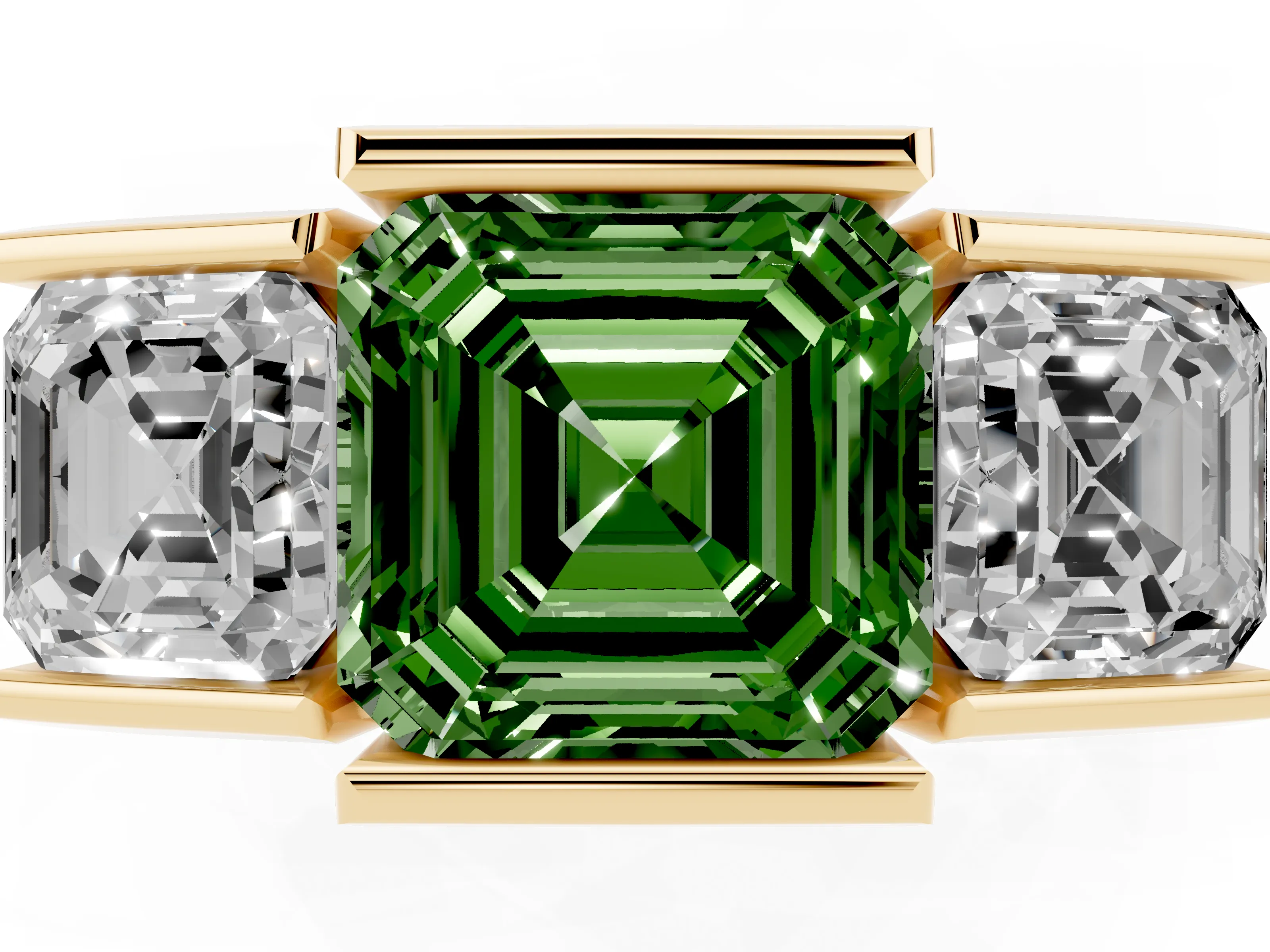Fancy Green Asscher Cut Diamond Three-Stone Channel Set Ring Set in Yellow gold with Smooth Polished Band