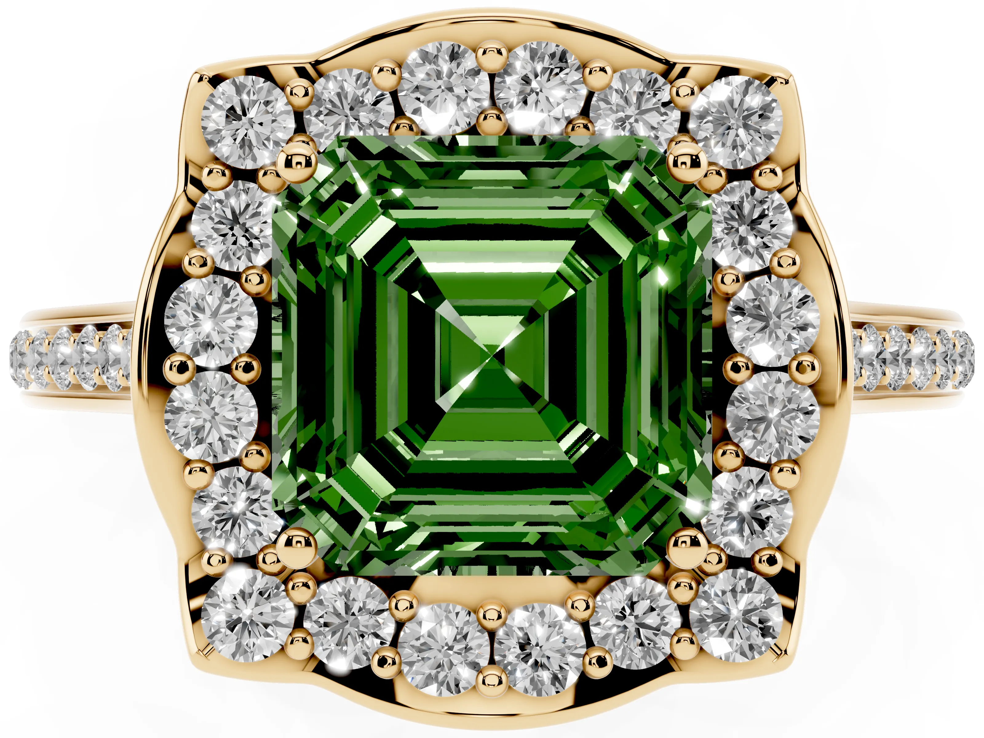 Fancy Green Asscher Cut Diamond Halo Ring Set in Yellow gold with Pavé-Lined Shoulders and Prong Setting