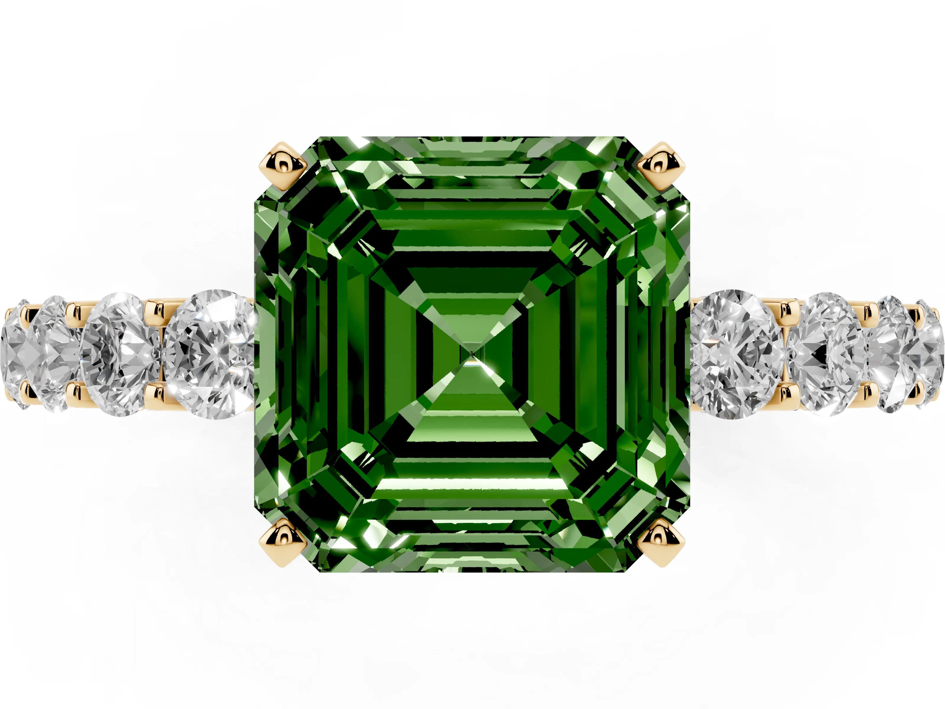 Fancy Green Asscher Cut Diamond Solitaire Ring Set in Yellow gold with Shared Prong Pavé Band