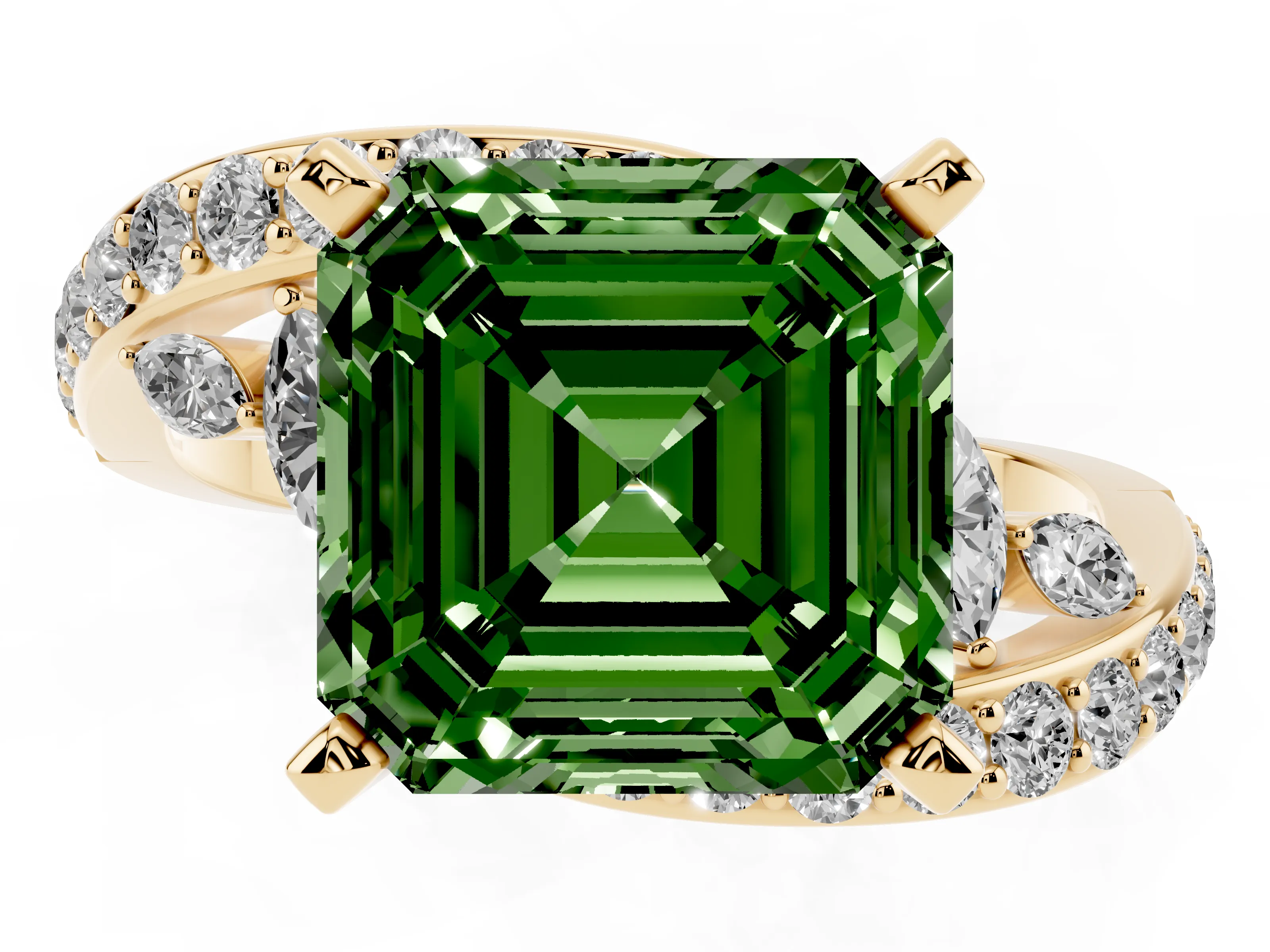 Fancy Green Asscher Cut Diamond Solitaire Ring Set in Yellow gold with Pavé Twist Band and Secure Prong Setting