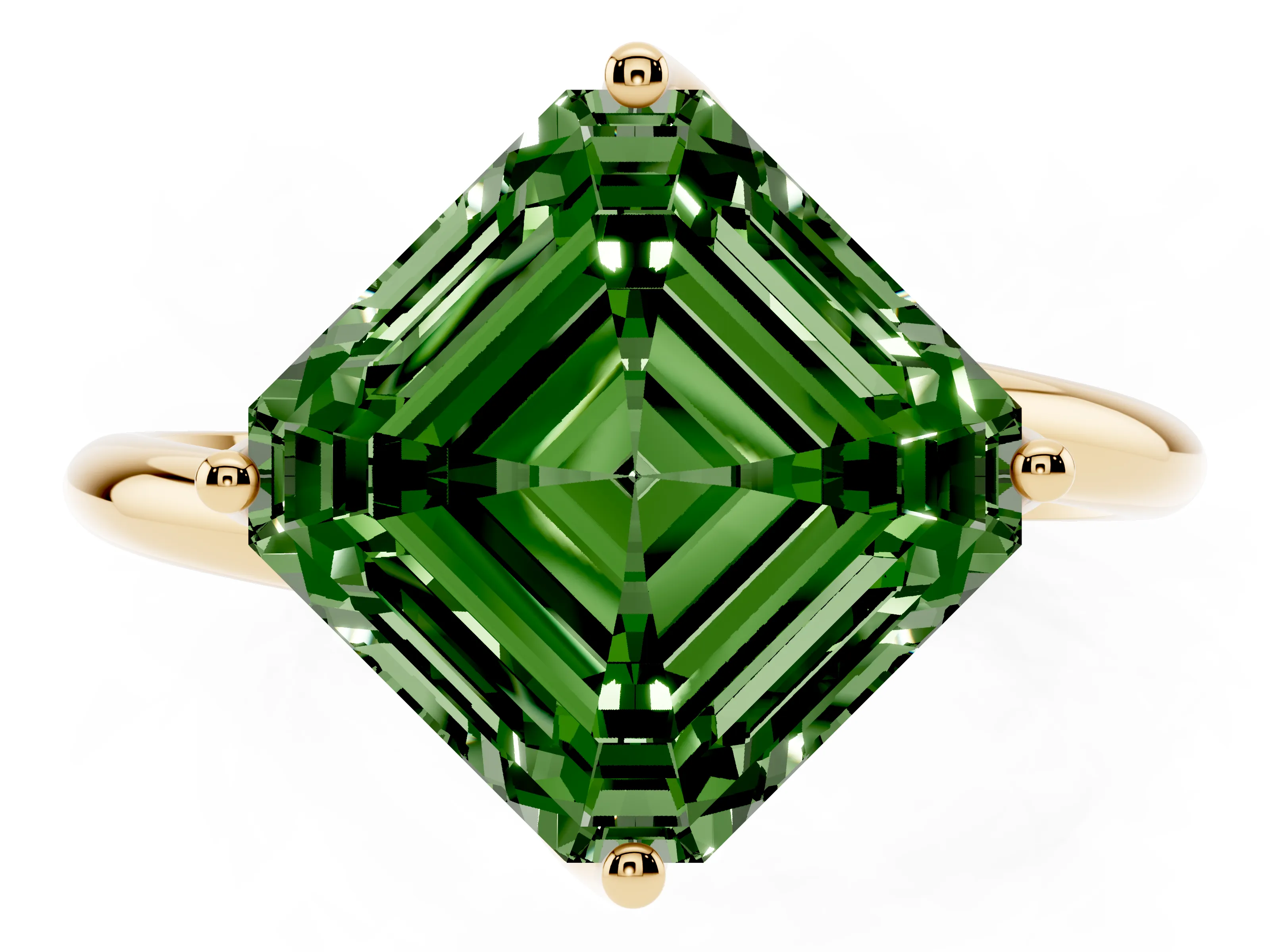 Fancy Green Asscher Cut Diamond Solitaire Engagement Ring Set in Yellow gold with Classic Plain Band