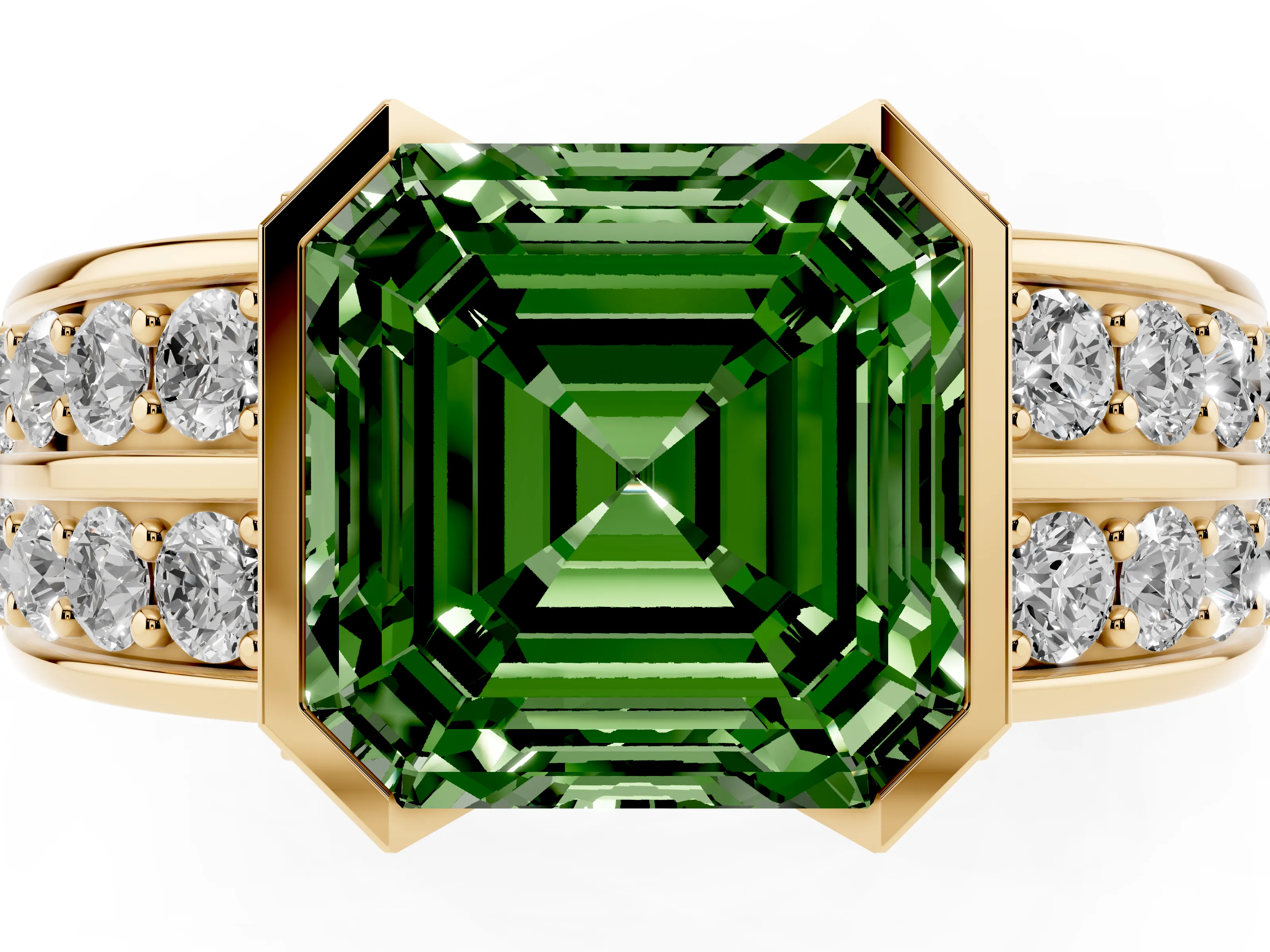 Fancy Green Asscher Cut Diamond Wide Channel Set Band Ring Set in Yellow gold with Bezel Setting