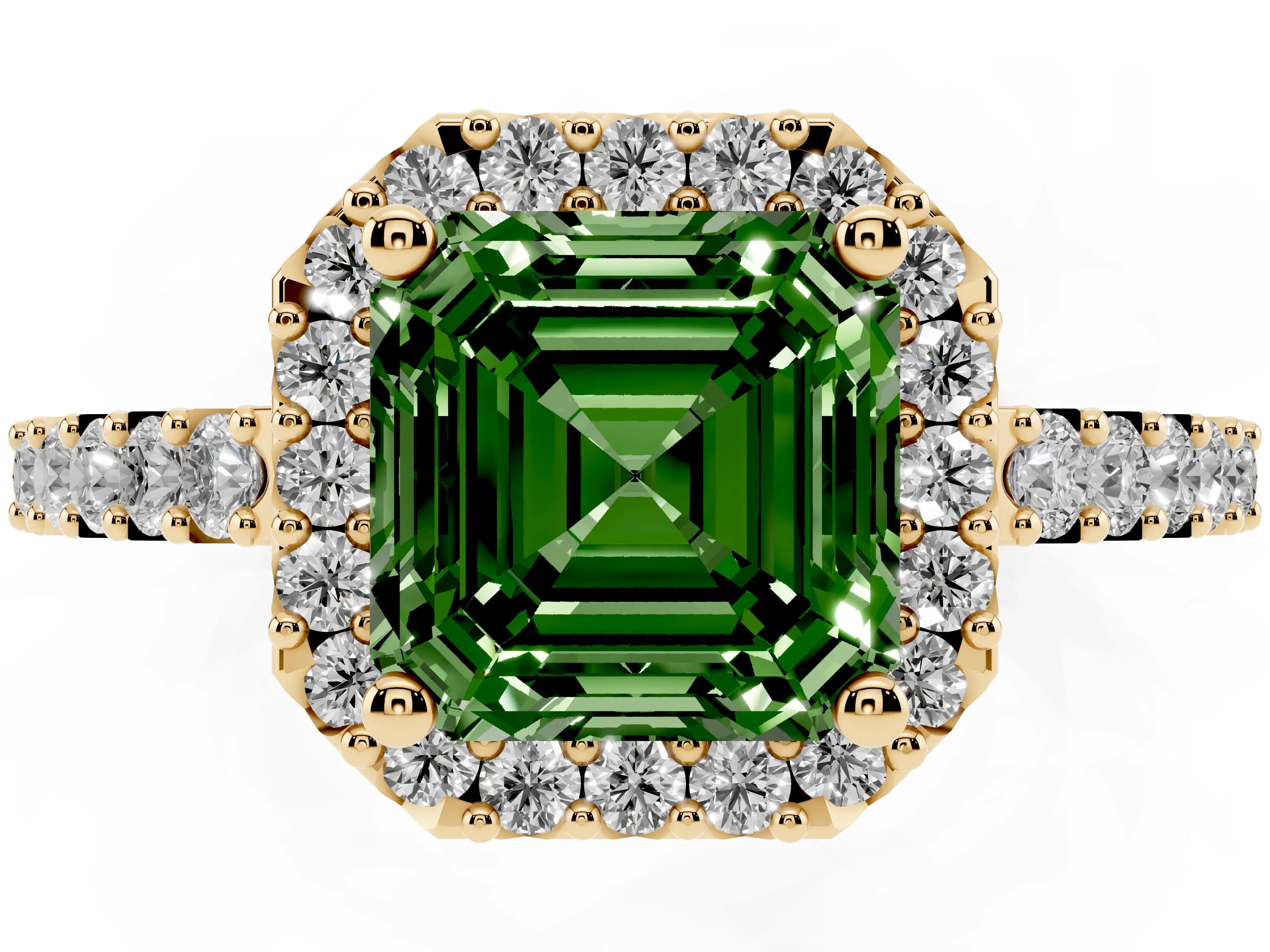 Fancy Green Asscher Cut Diamond Halo Pavé Solitaire Ring Set in Yellow gold with Prong-Set Center Stone