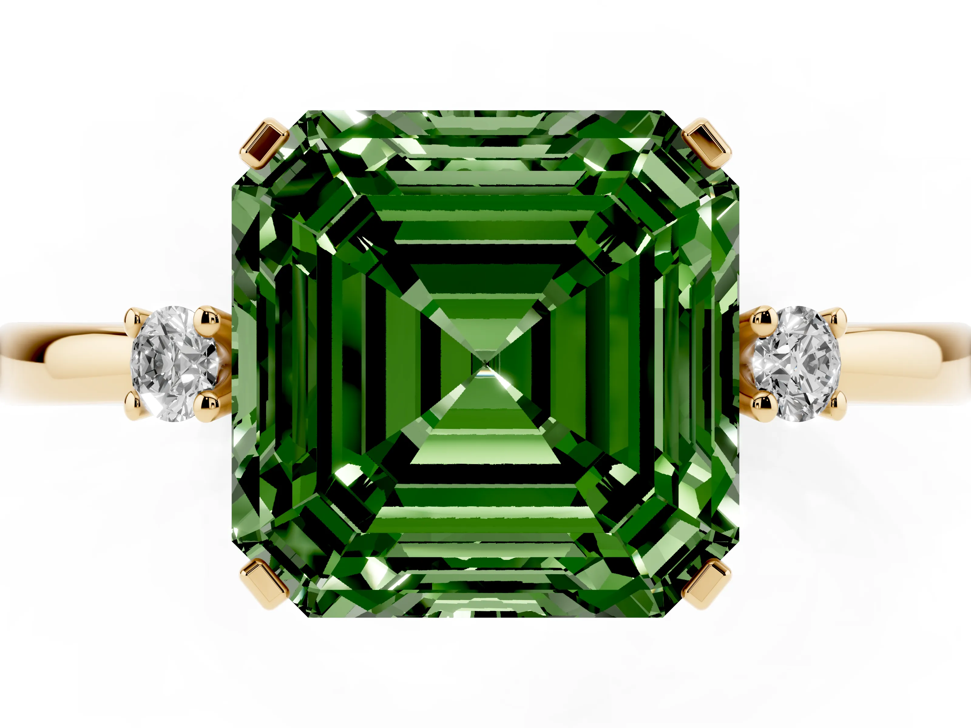 Fancy Green Three-Stone Asscher Cut Diamond Solitaire Ring Set in Yellow gold with Round Accent Stones and Prong Setting