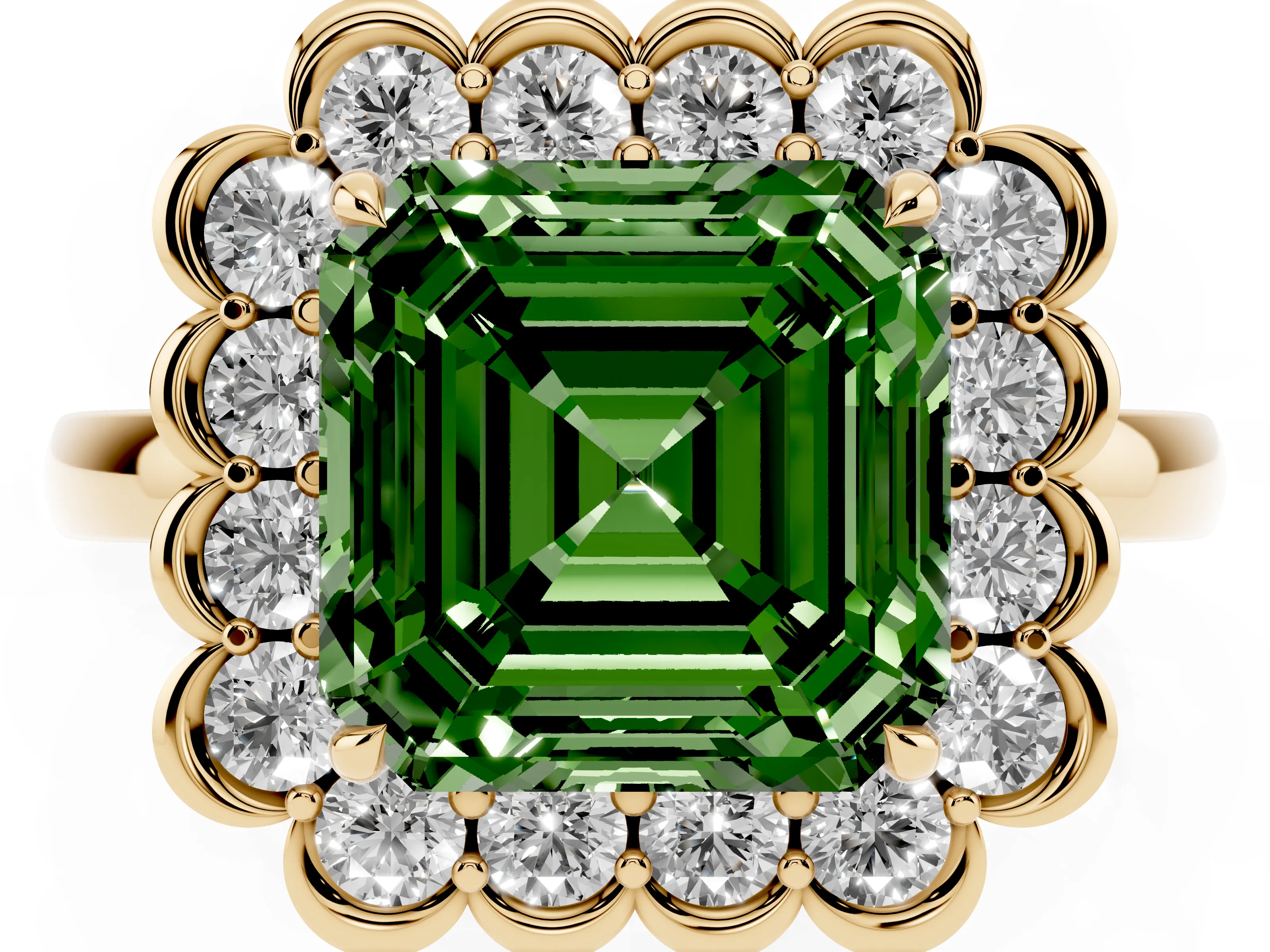Fancy Green Asscher Cut Diamond Halo Cluster Engagement Ring Set in Yellow gold with Solitaire Band and Prong Setting