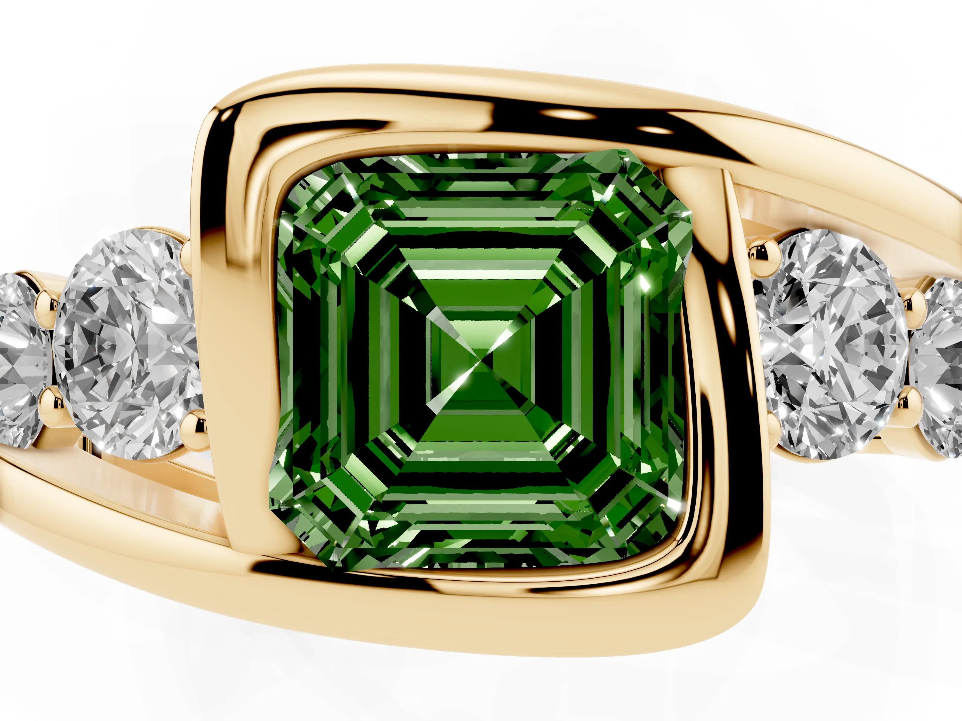Fancy Green Asscher Cut Diamond Bezel Bypass Ring Set in Yellow gold with Round Accents