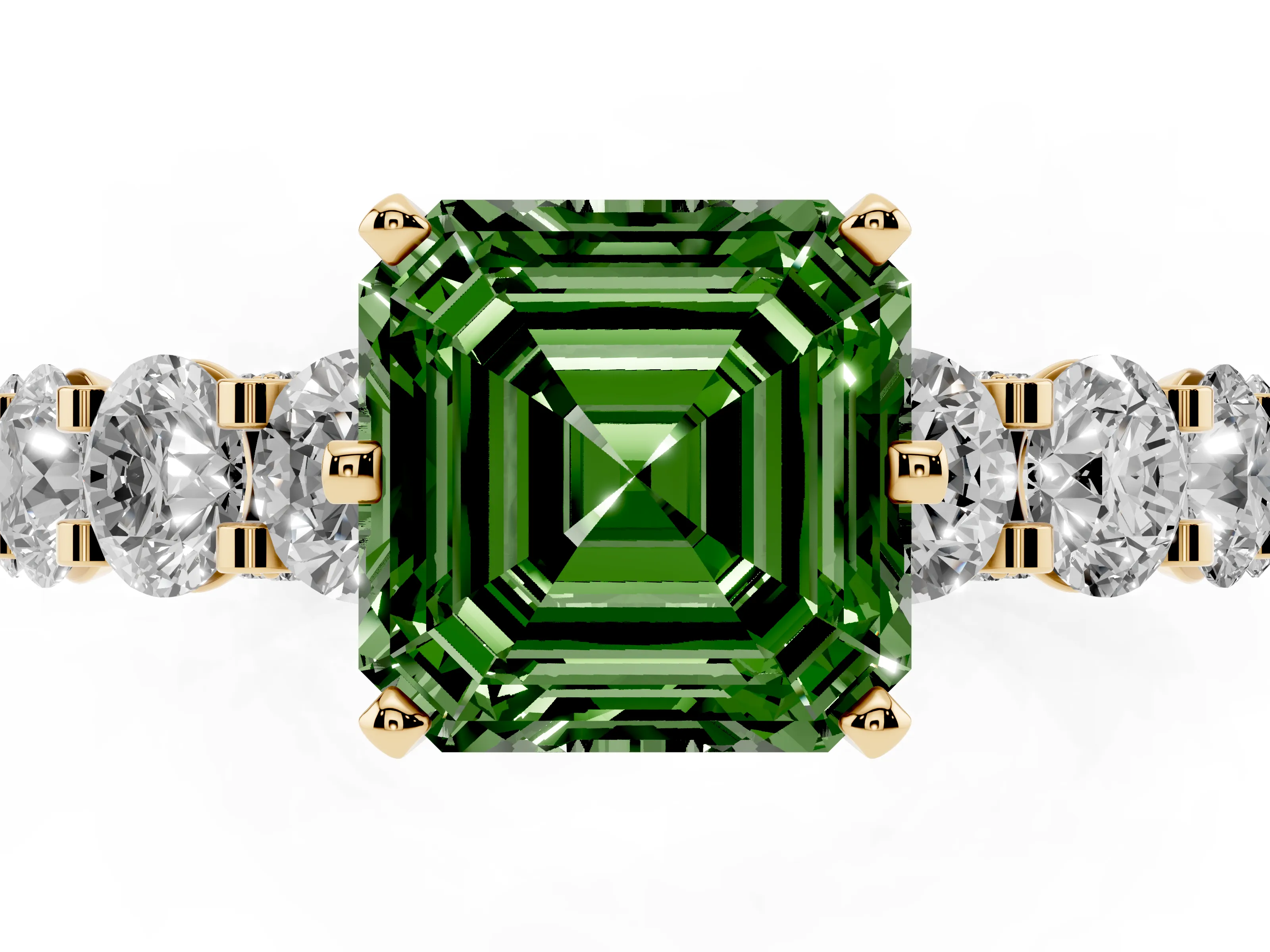 Fancy Green Asscher Cut Diamond Side Stone Ring Set in Yellow gold with Alternating Round and Oval Side Stones