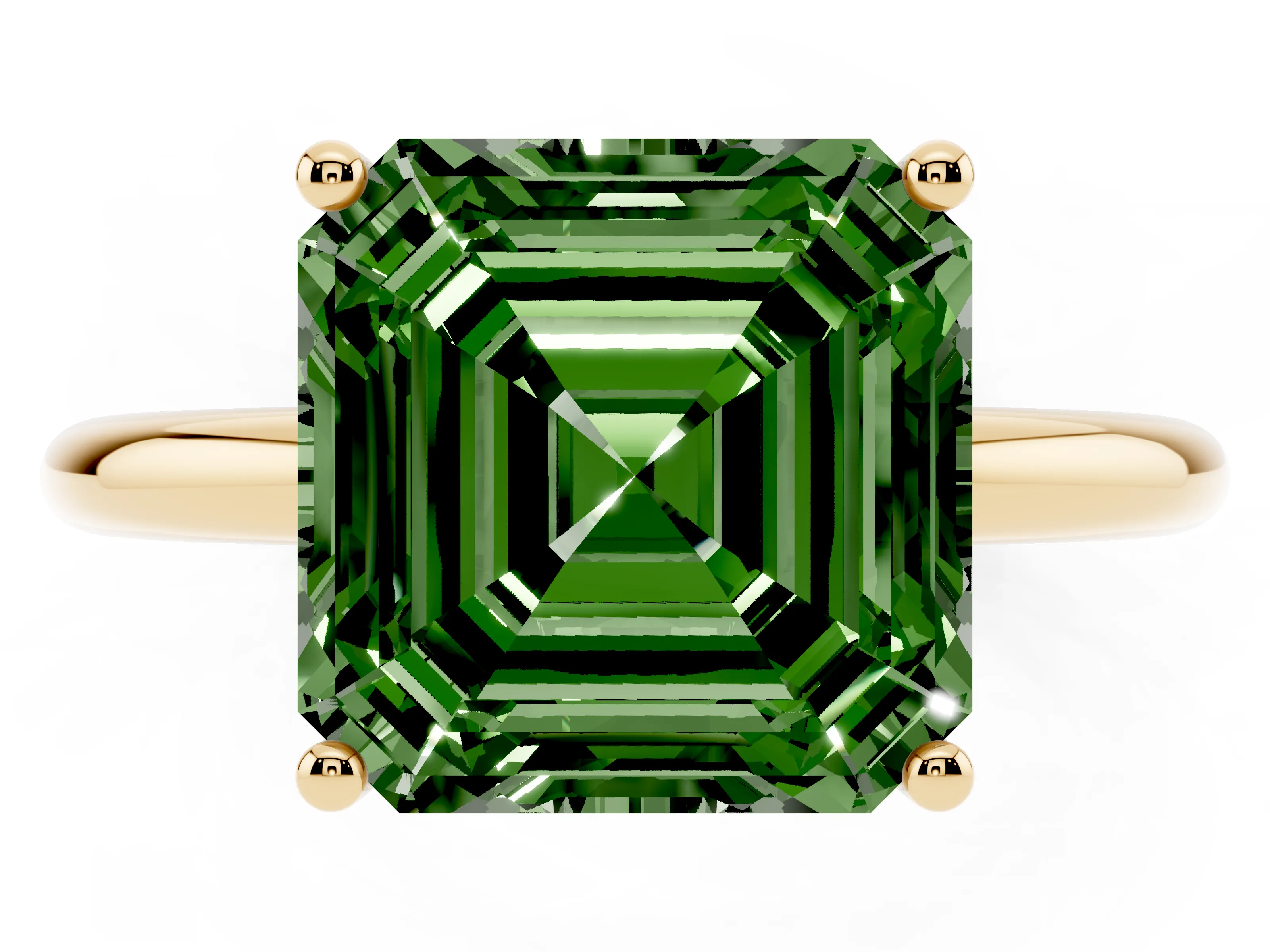 Fancy Green Asscher Cut Diamond Solitaire Engagement Ring Set in Yellow gold with Prong Setting and Polished Band
