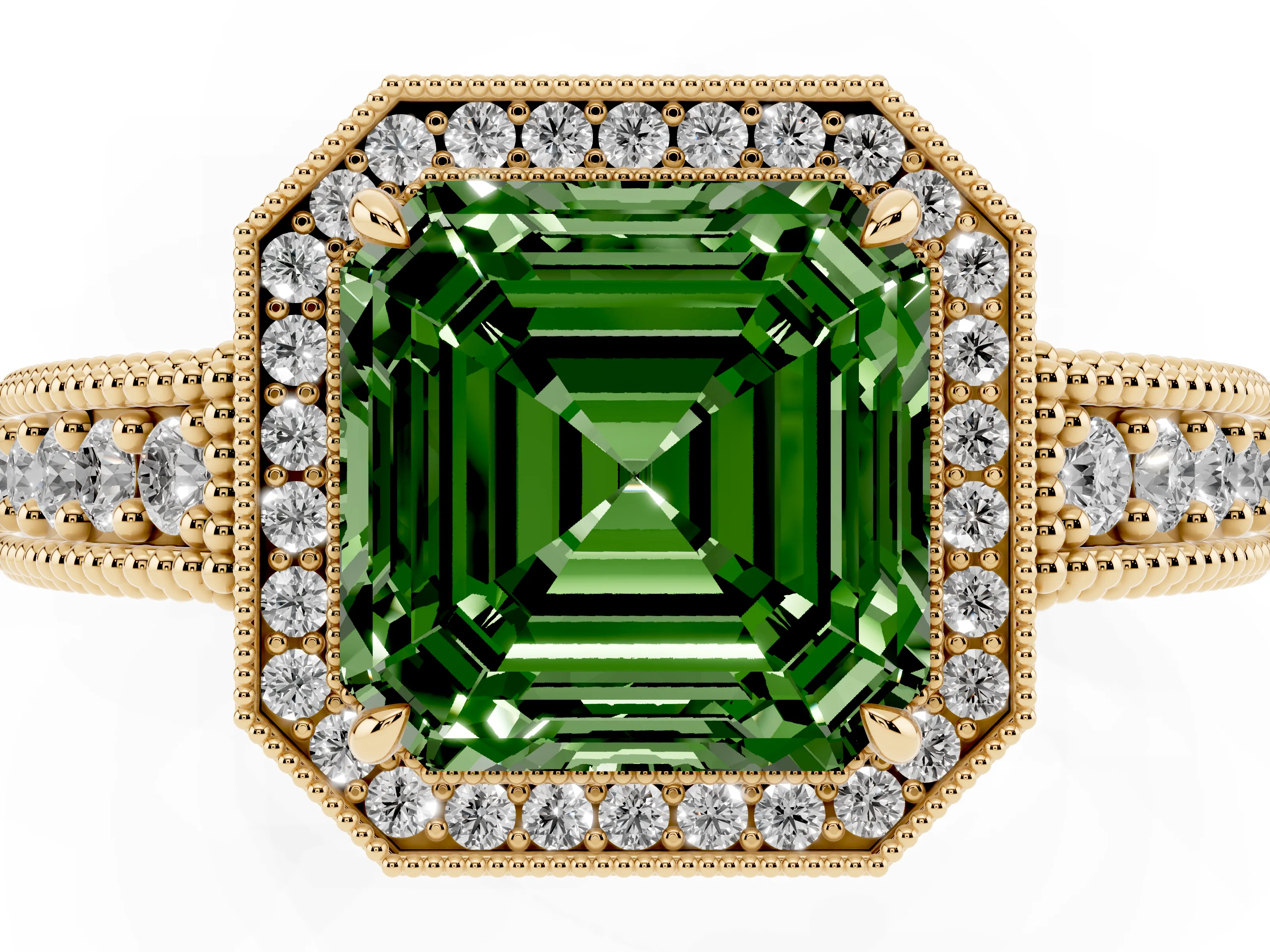 Fancy Green Asscher Cut Diamond Halo Ring Set in Yellow gold with Round Accent Halo, Pavé Band and Prong Setting