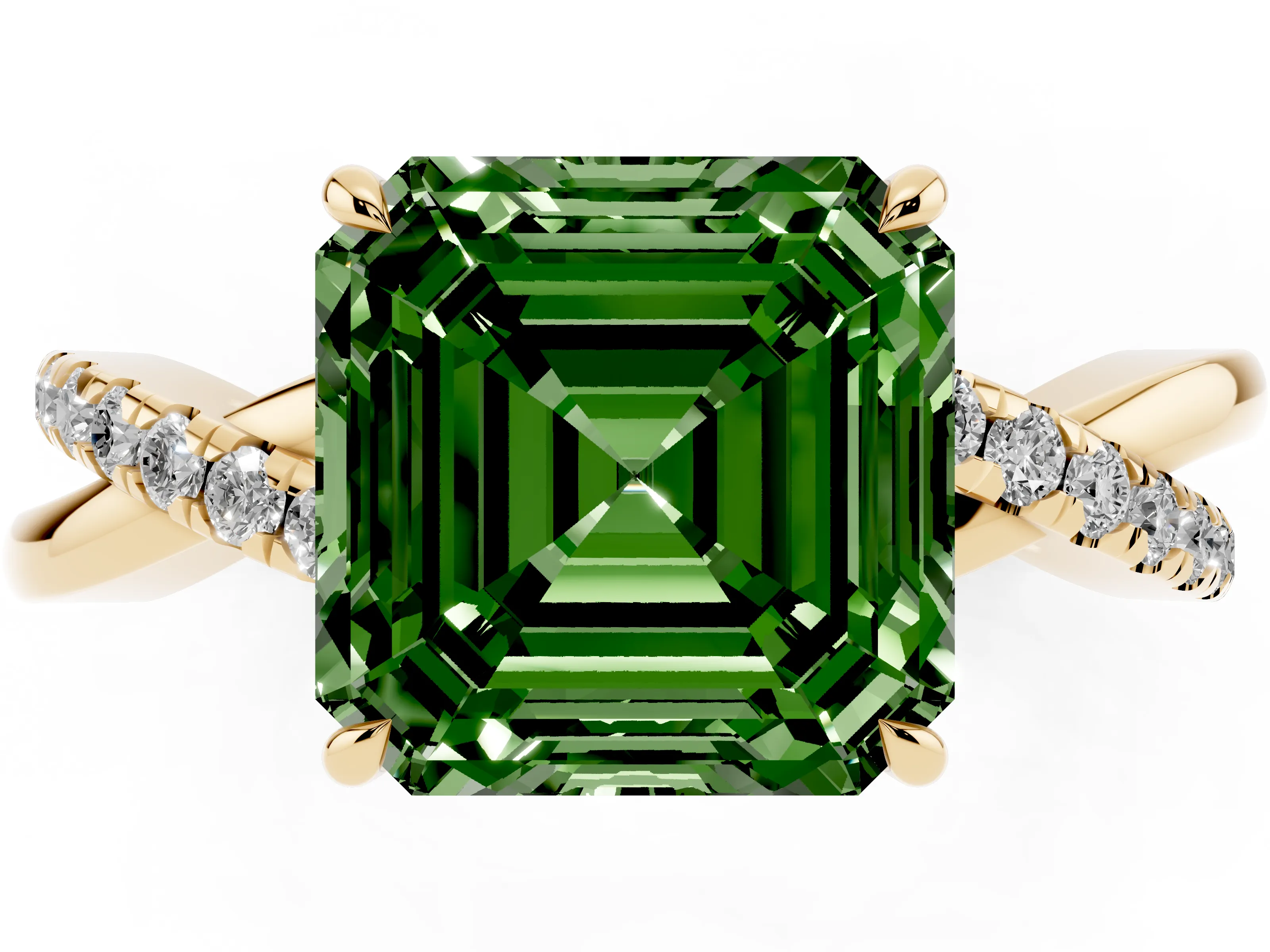 Fancy Green Asscher Cut Diamond Twisted Pavé Band Ring Set in Yellow gold with Prong Setting