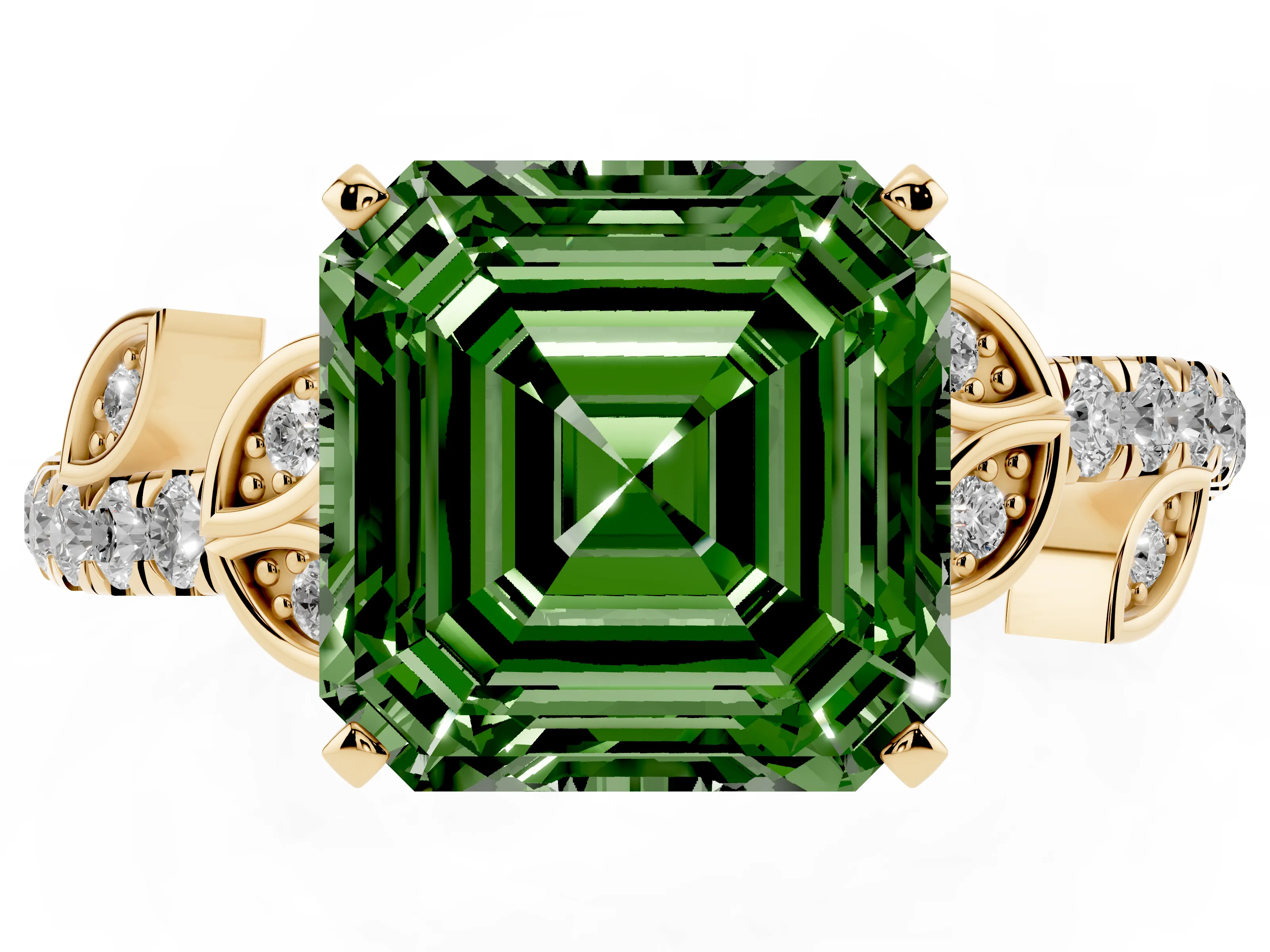 Fancy Green Asscher Cut Diamond Solitaire Leaf-Inspired Ring Set in Yellow gold with Pavé Band and Prong Setting
