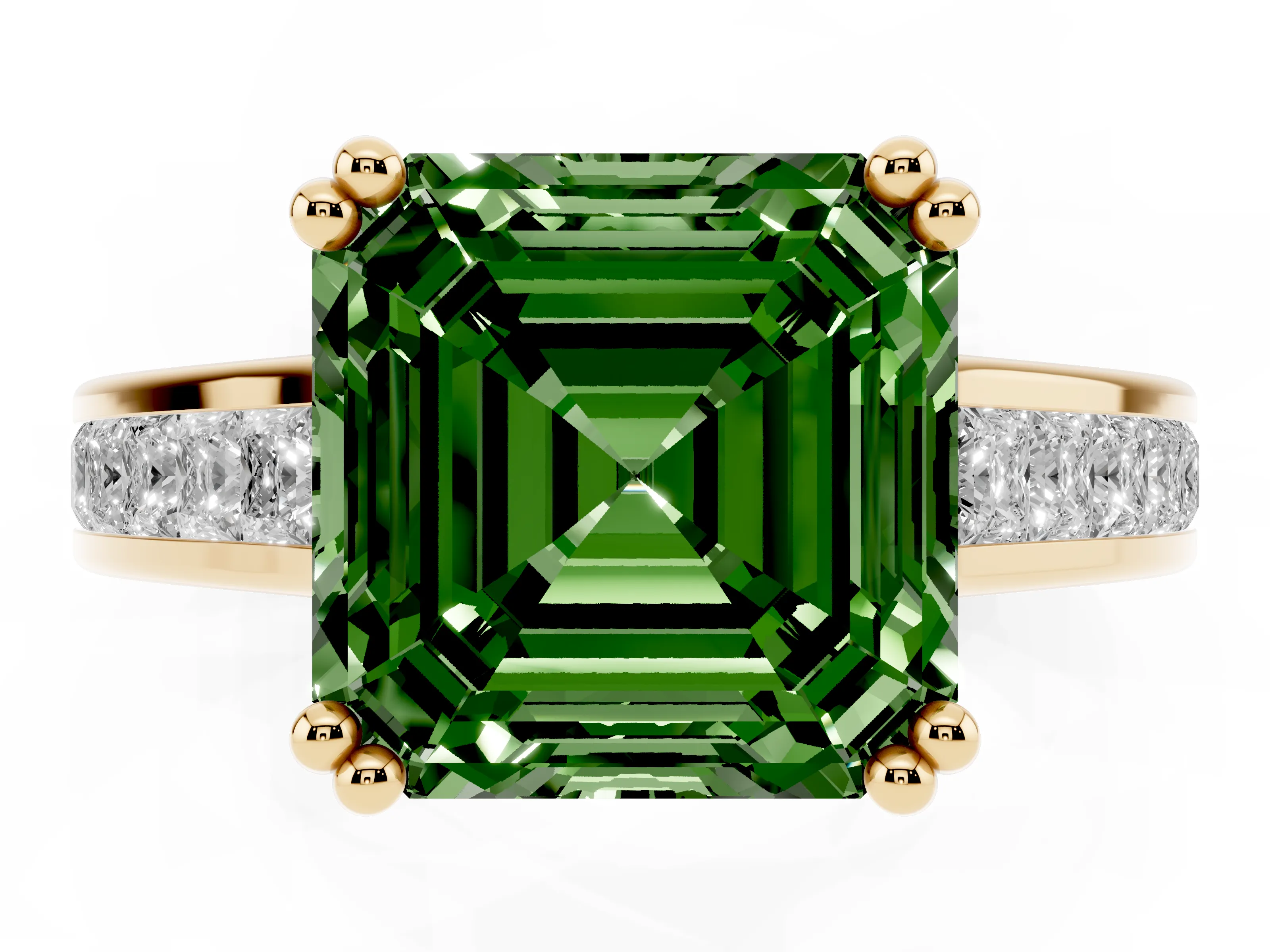 Fancy Green Asscher Cut Diamond Channel Set Solitaire Engagement Ring Set in Yellow gold with Prong Setting