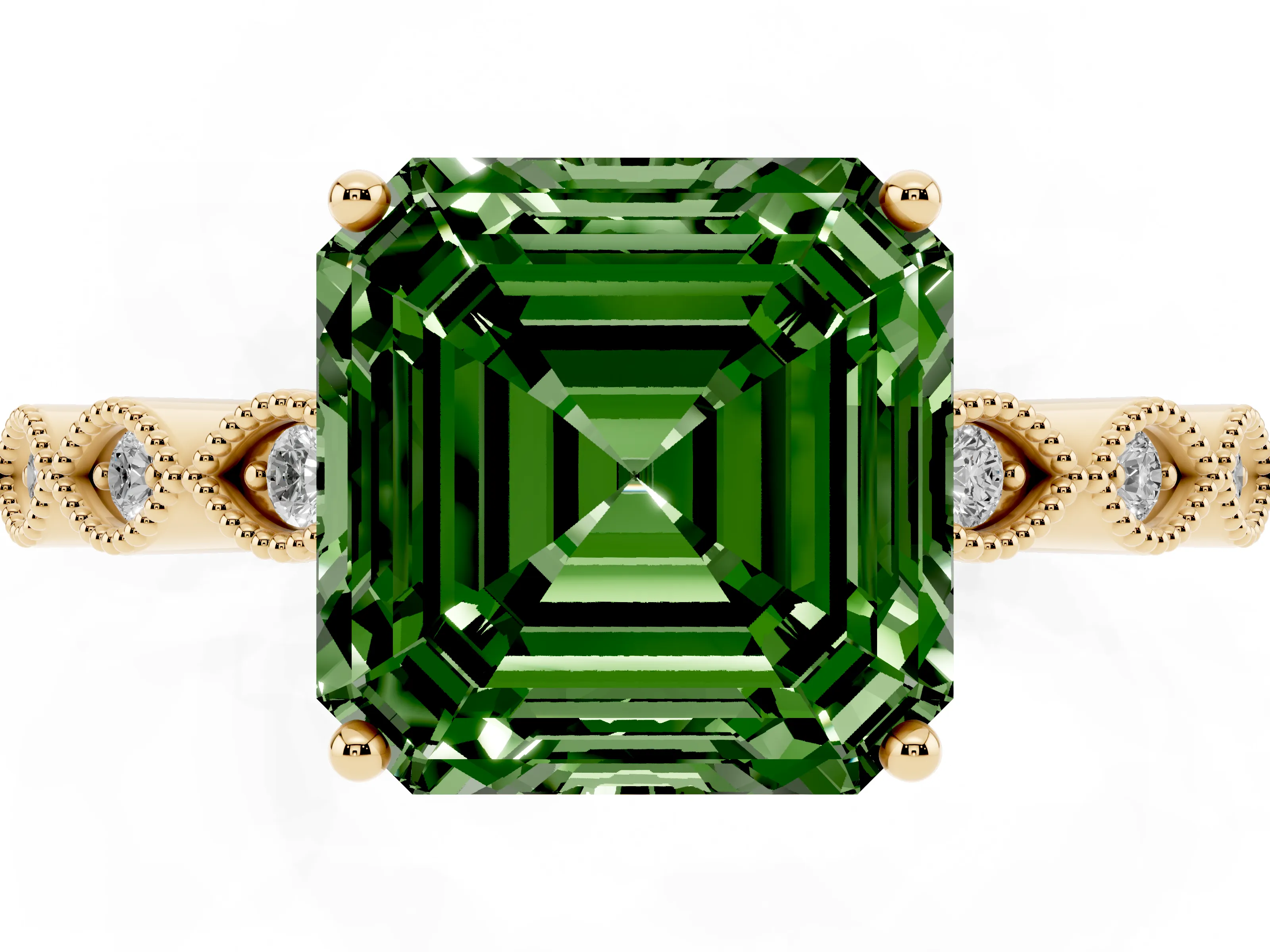 Fancy Green Asscher Cut Diamond Solitaire Ring Set in Yellow gold with Infinity Twist Pavé Band