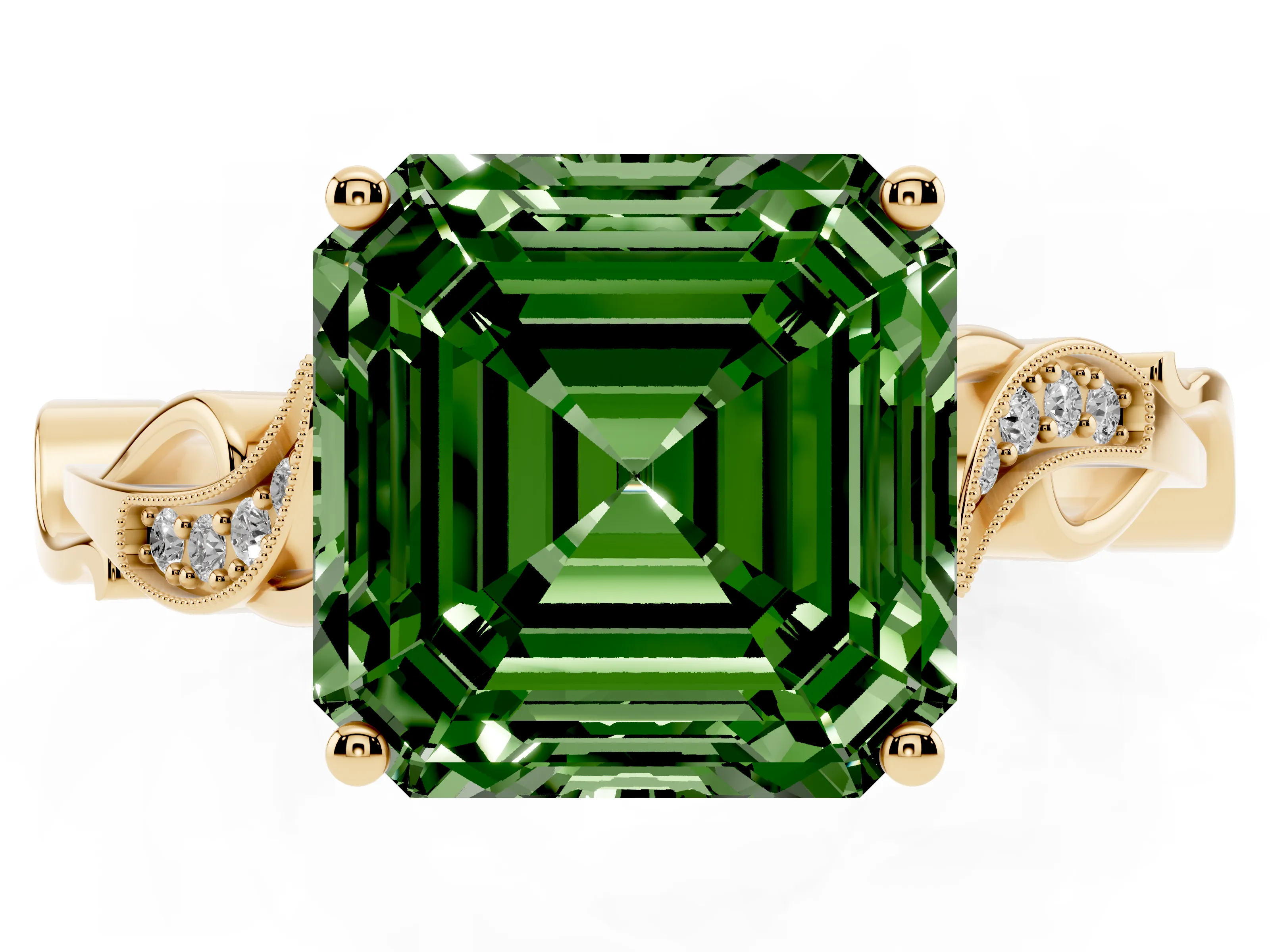 Fancy Green Asscher Cut Diamond Vine Band Solitaire Ring Set in Yellow gold with Milgrain Prong Setting