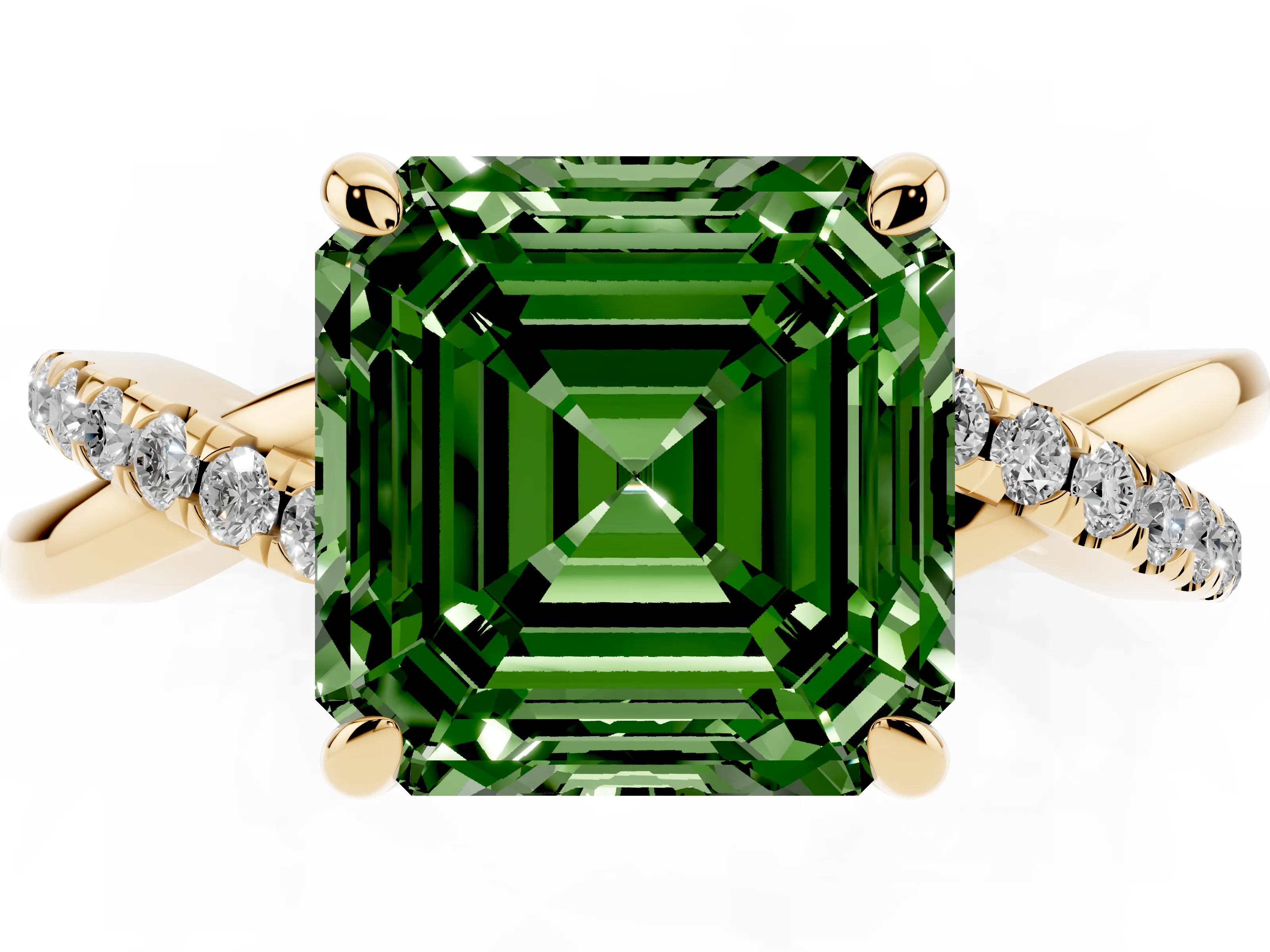 Fancy Green Asscher Cut Diamond Twist Band Pavé Solitaire Ring Set in Yellow gold with Prong Setting