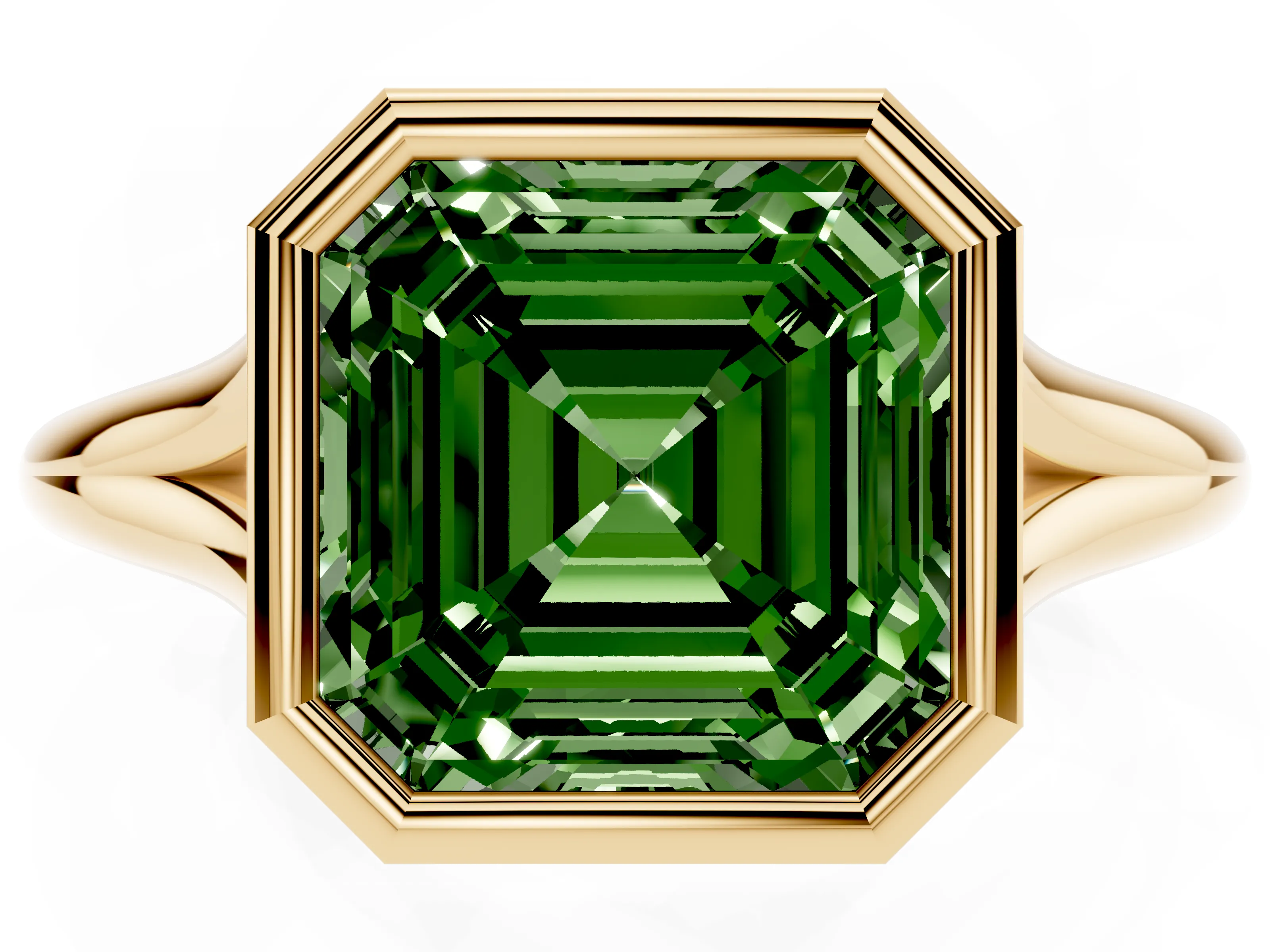 Fancy Green Bezel Set Asscher Cut Diamond Solitaire Ring Set in Yellow gold with Tapered Band