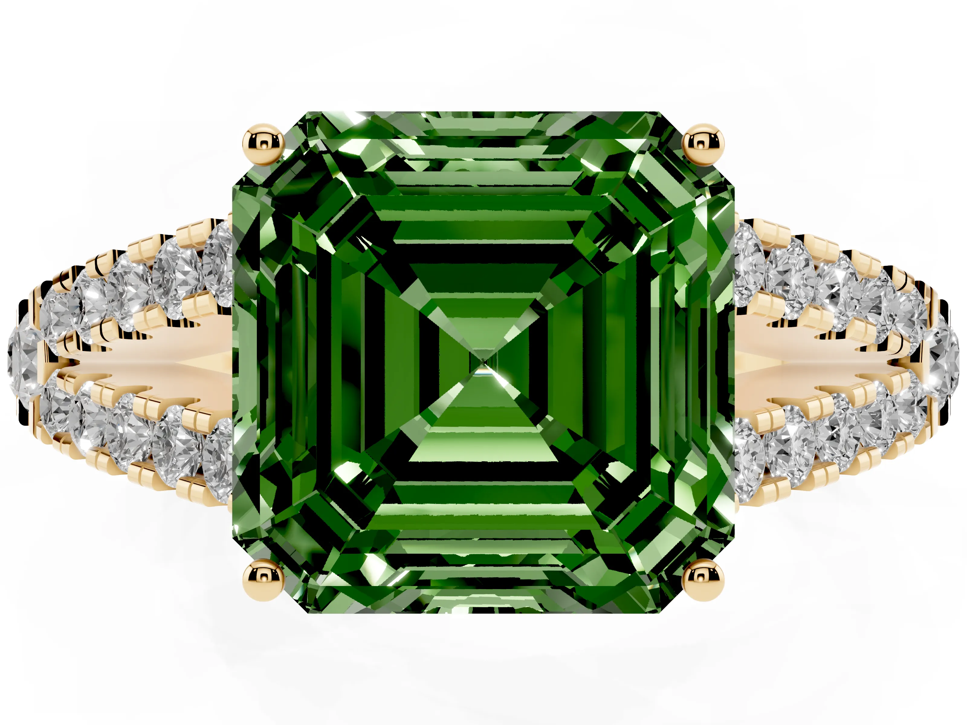 Fancy Green Asscher Cut Diamond Split Shank Engagement Ring Set in Yellow gold with Round Pavé and Prong Setting