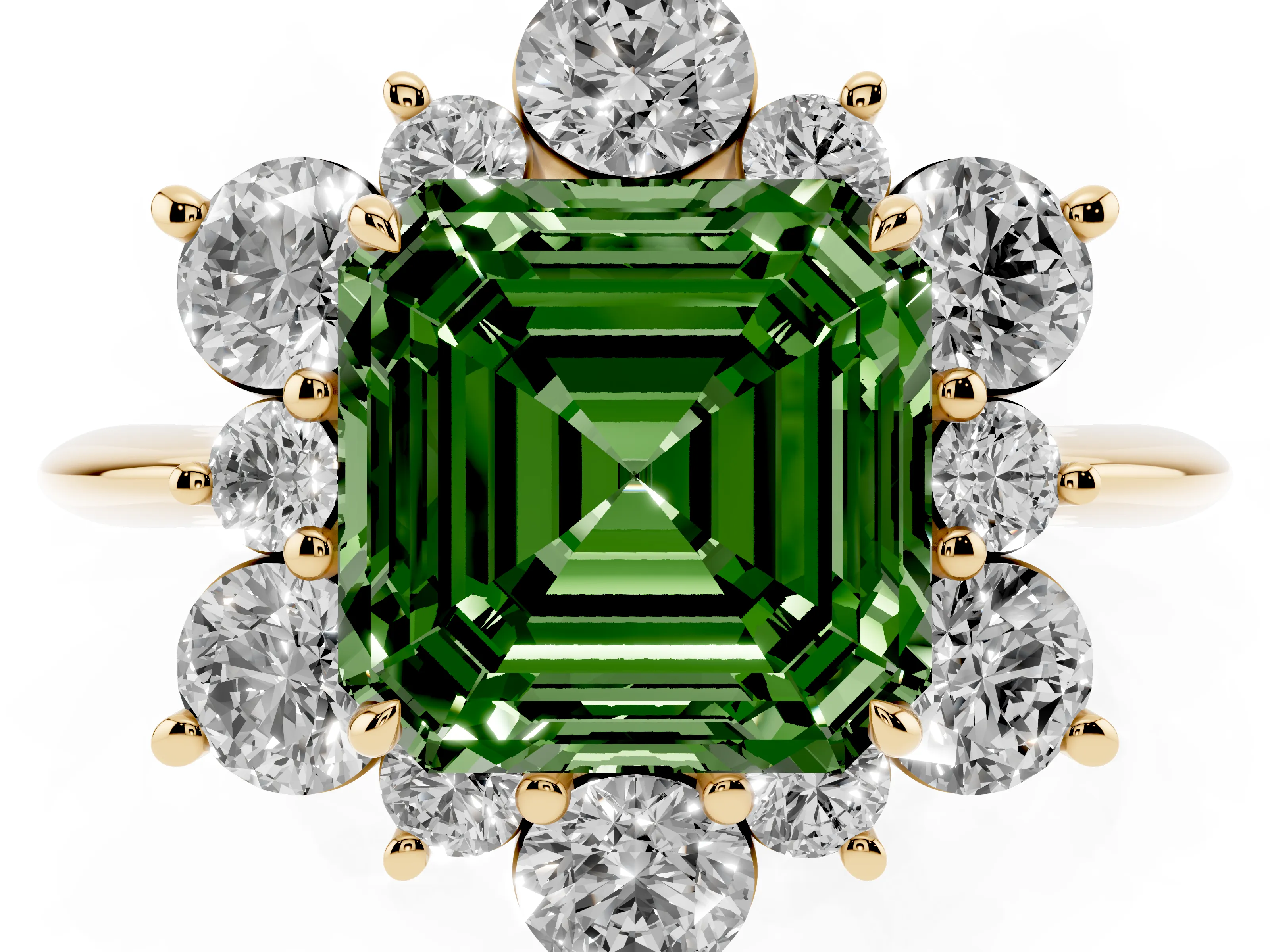 Fancy Green Asscher Cut Diamond Cluster Halo Ring Set in Yellow gold with Solitaire Band and Prong Setting