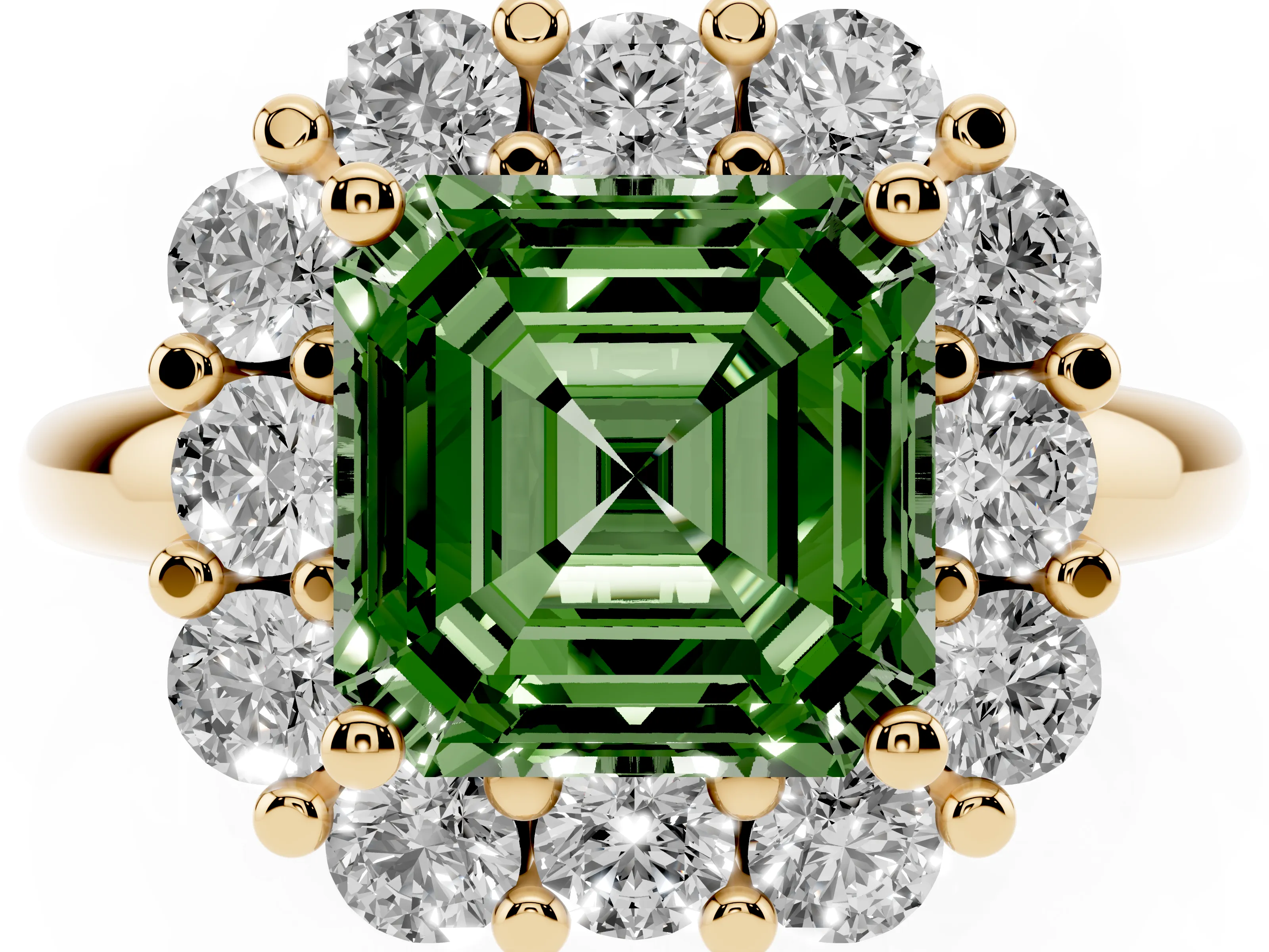 Fancy Green Asscher Cut Diamond Halo Cluster Engagement Ring Set in Yellow gold with Polished Band and Prong Setting