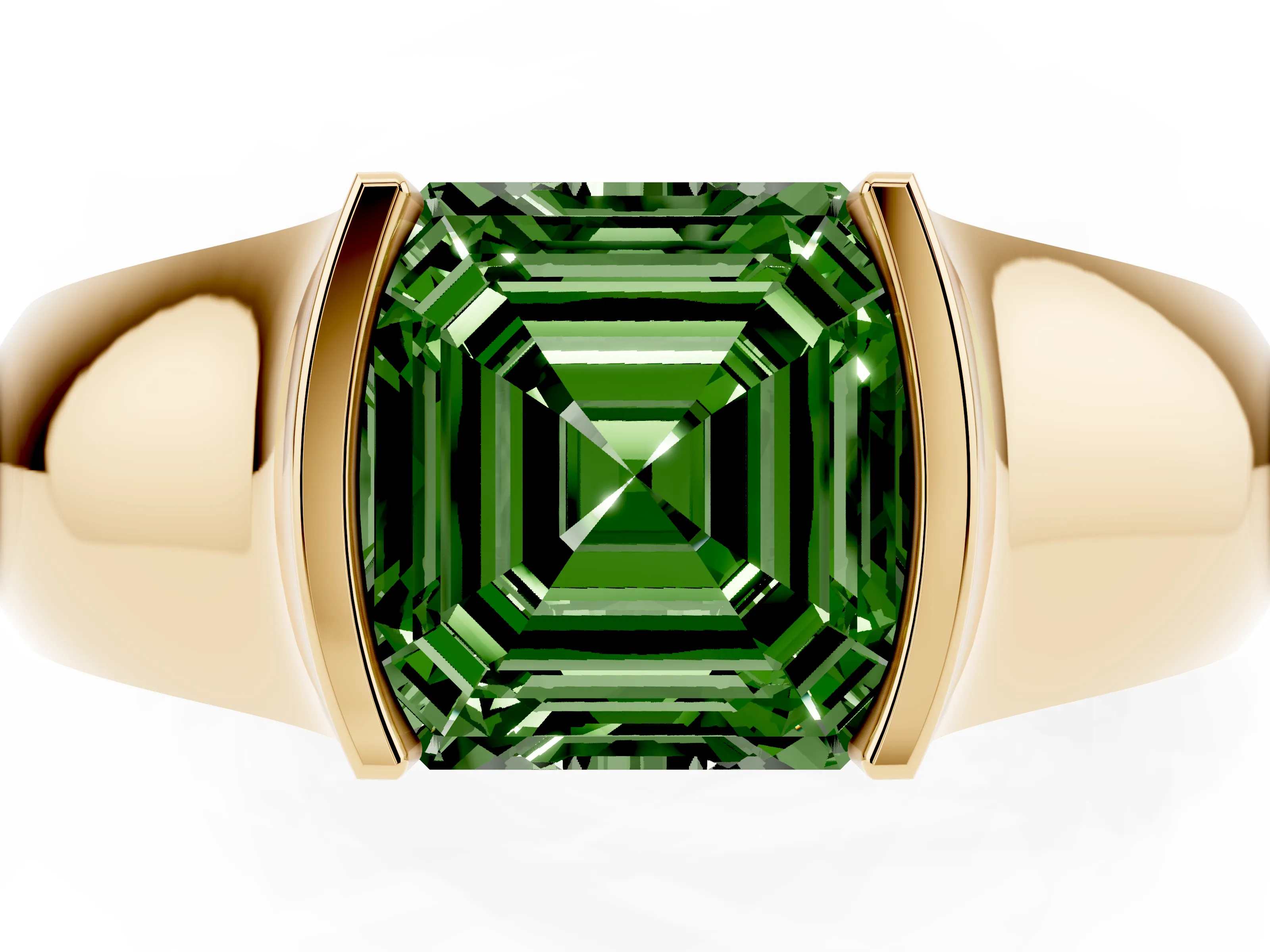 Fancy Green Asscher Cut Diamond Bezel Solitaire Ring Set in Yellow gold with Wide Band