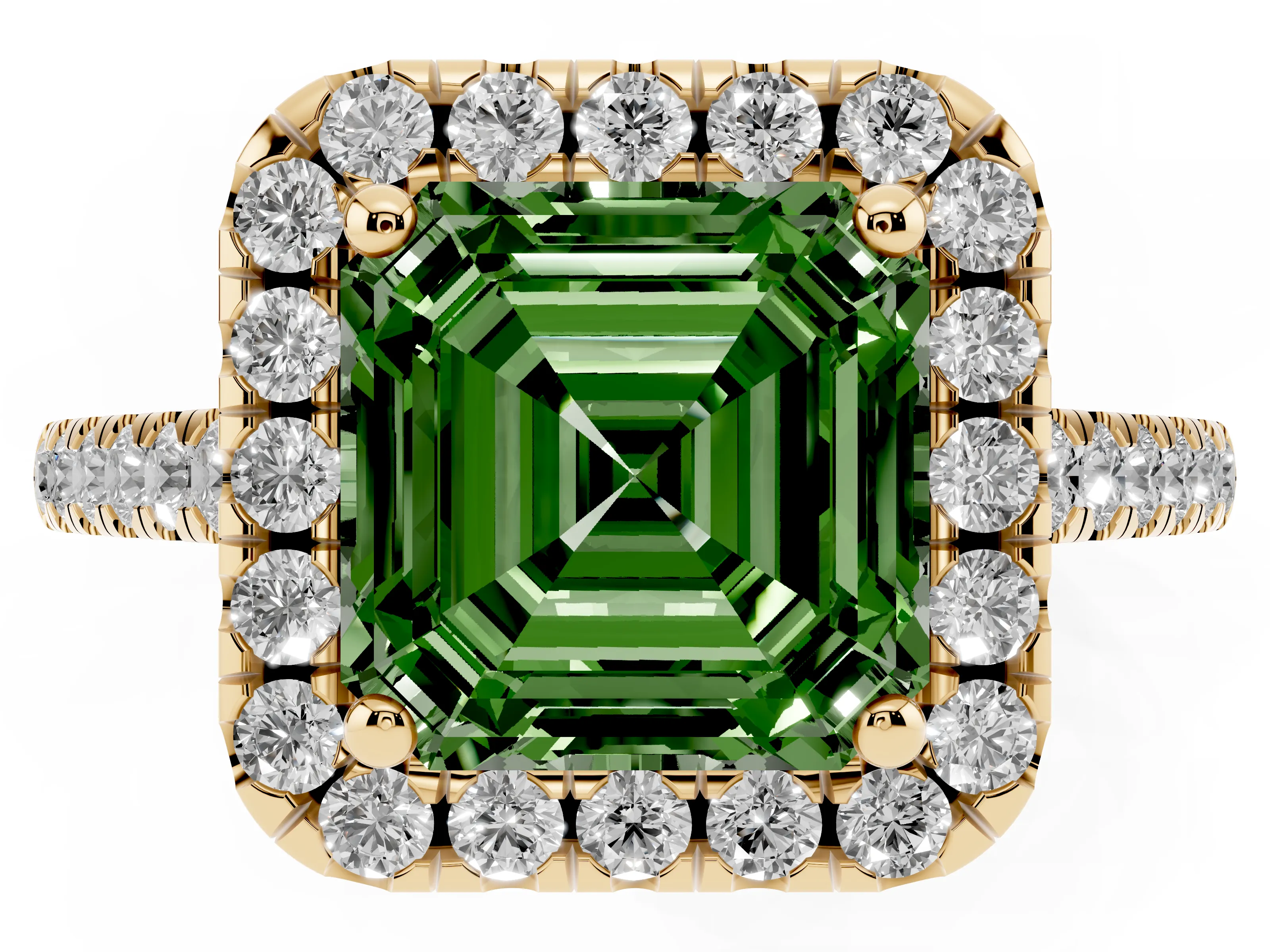 Fancy Green Asscher Cut Diamond Pavé Halo Engagement Ring Set in Yellow gold with Pavé Band and Prong Setting