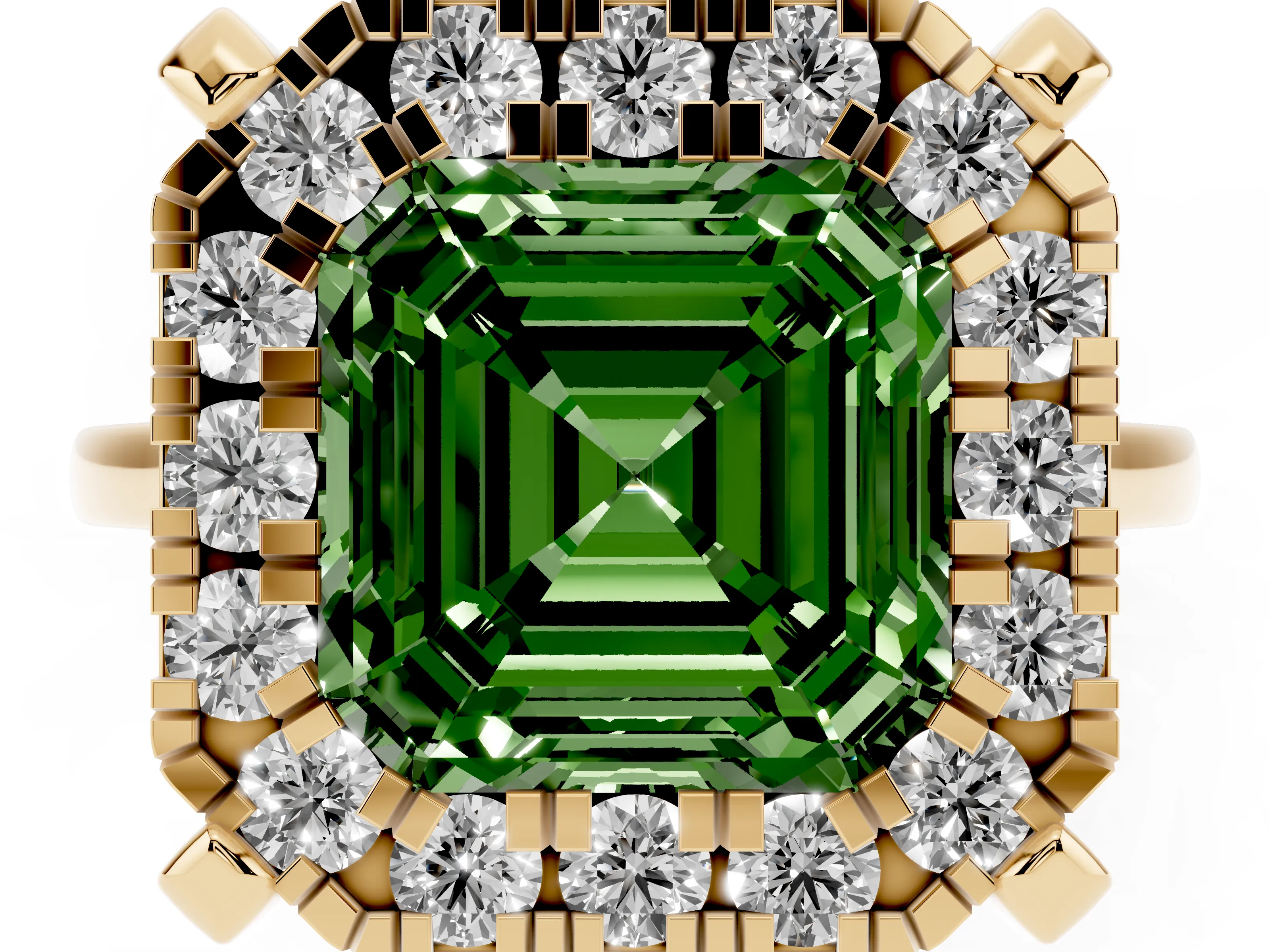 Fancy Green Asscher Cut Diamond Cluster Halo Solitaire Ring Set in Yellow gold with Prong Setting
