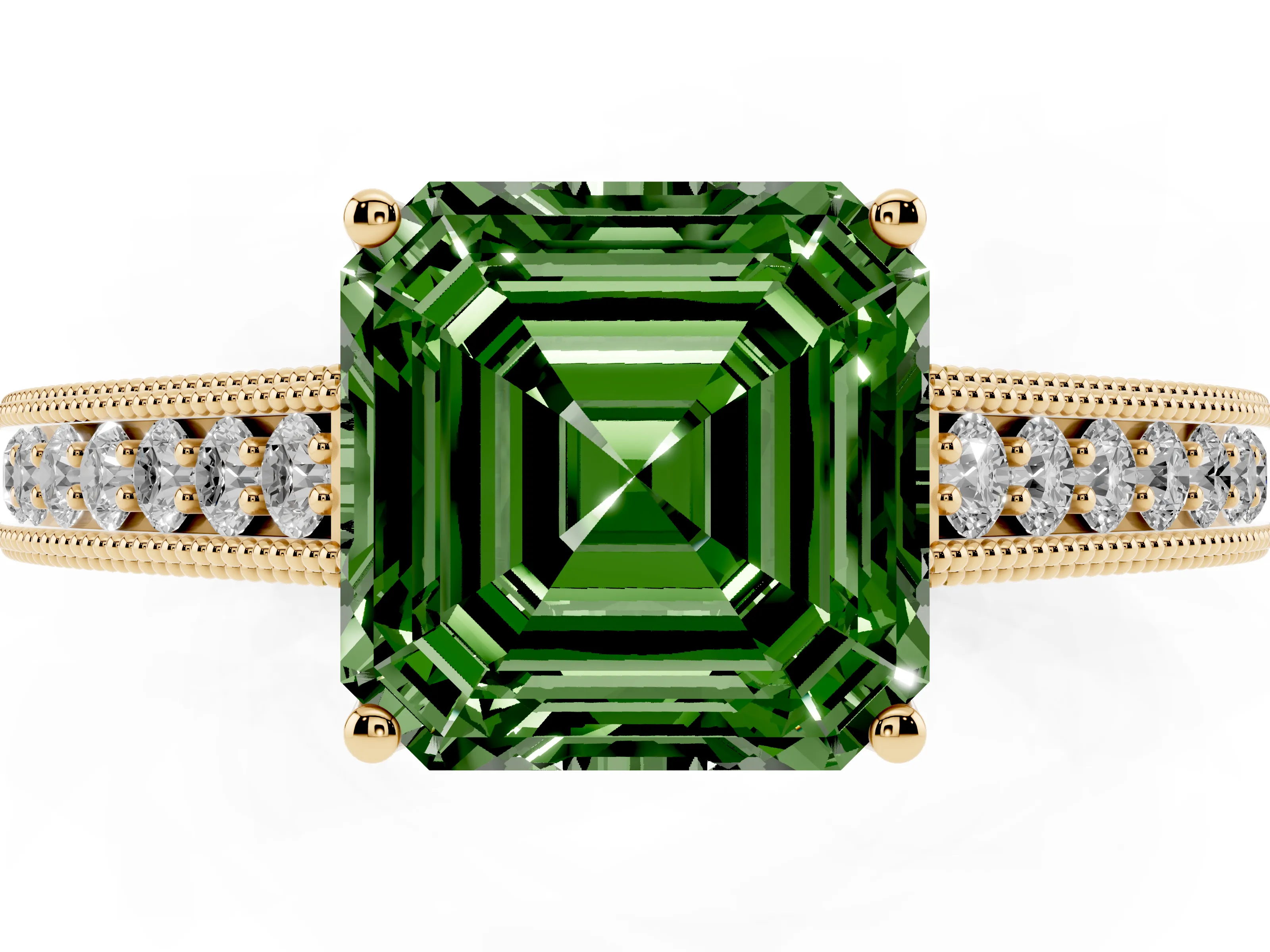 Fancy Green Asscher Cut Diamond Milgrain Pavé Band Solitaire Ring Set in Yellow gold with Prong Setting