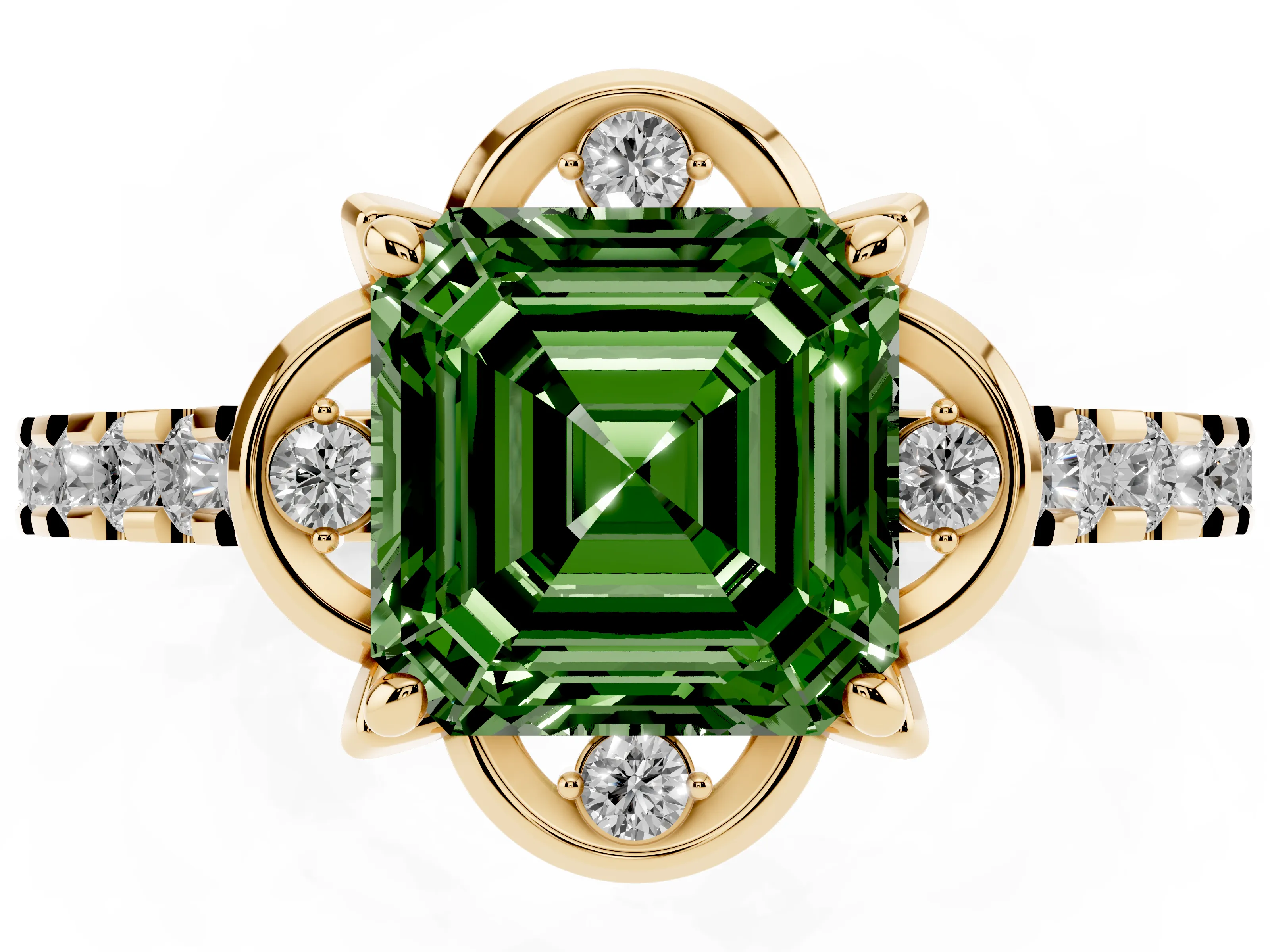 Fancy Green Asscher Cut Diamond Solitaire Ring Set in Yellow gold with Pavé Band and Floral Prong Setting
