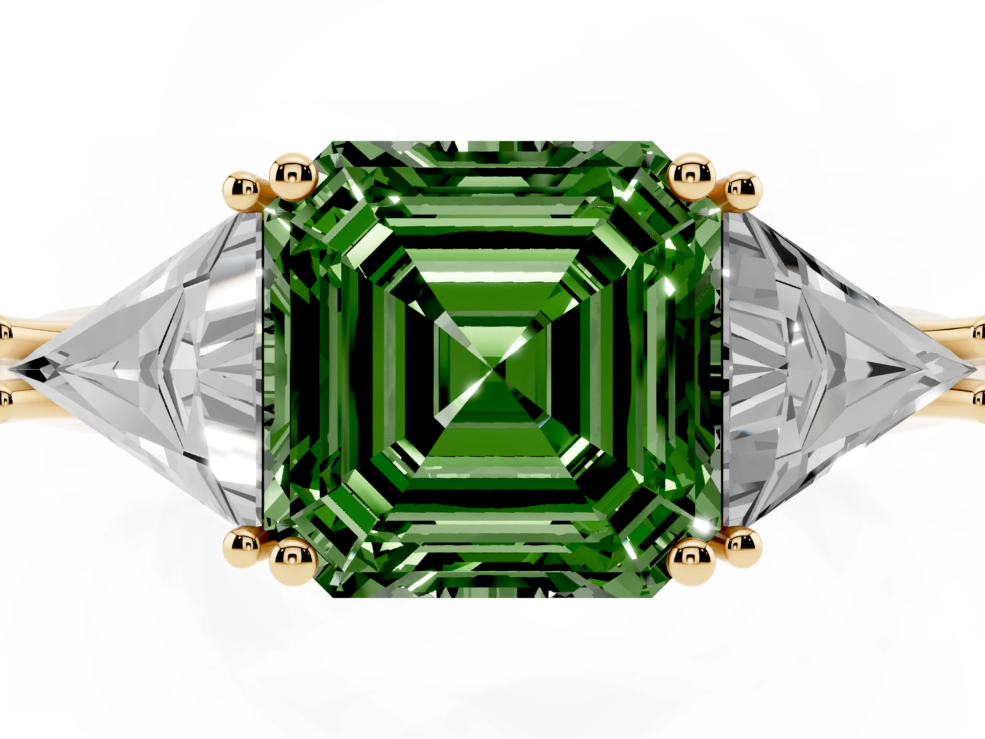 Fancy Green Asscher Cut Diamond Three-Stone Engagement Ring Set in Yellow gold with Trillion Side Stones