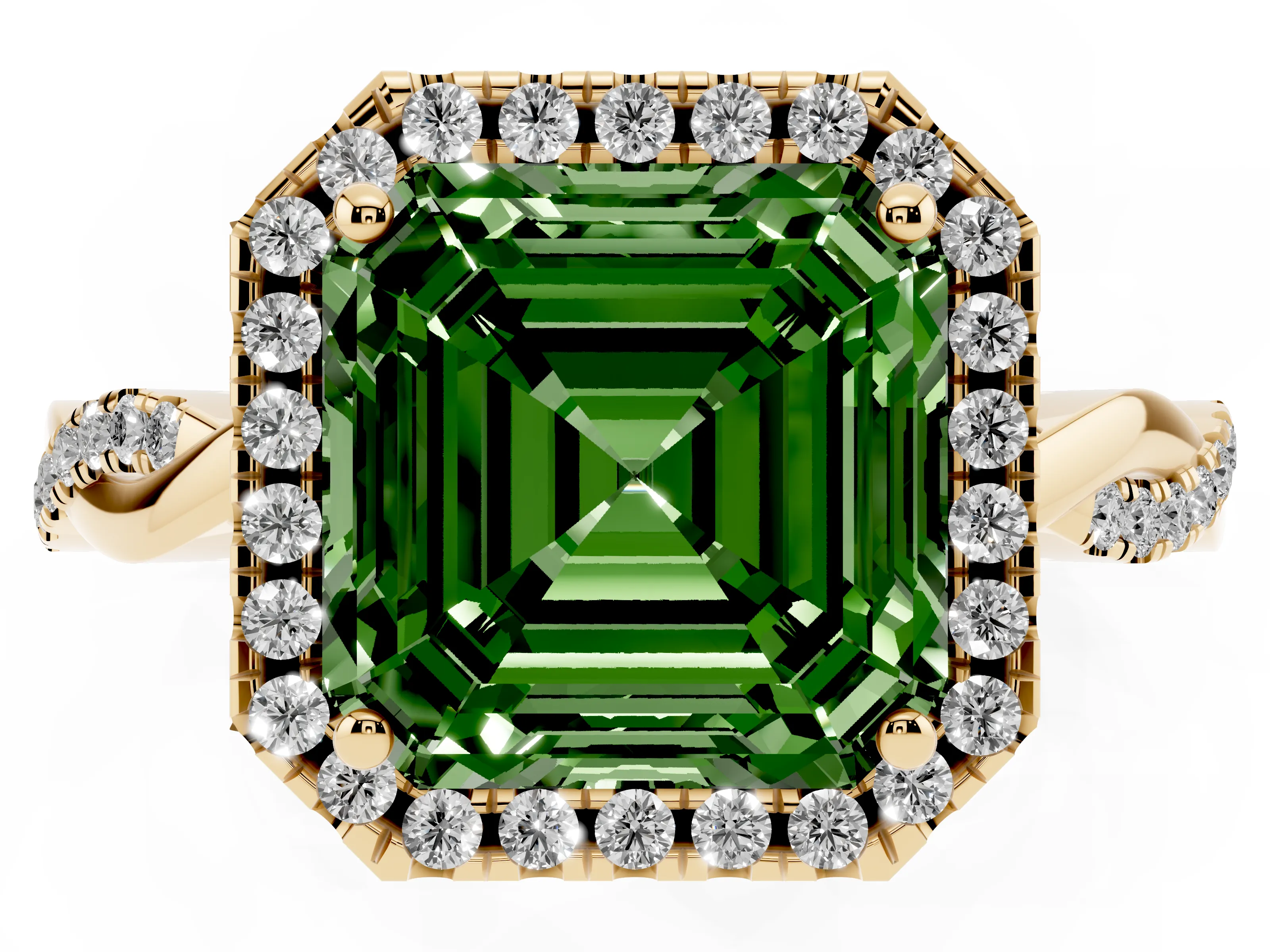Fancy Green Asscher Cut Diamond Halo Twisted Band Ring Set in Yellow gold with Prong Setting