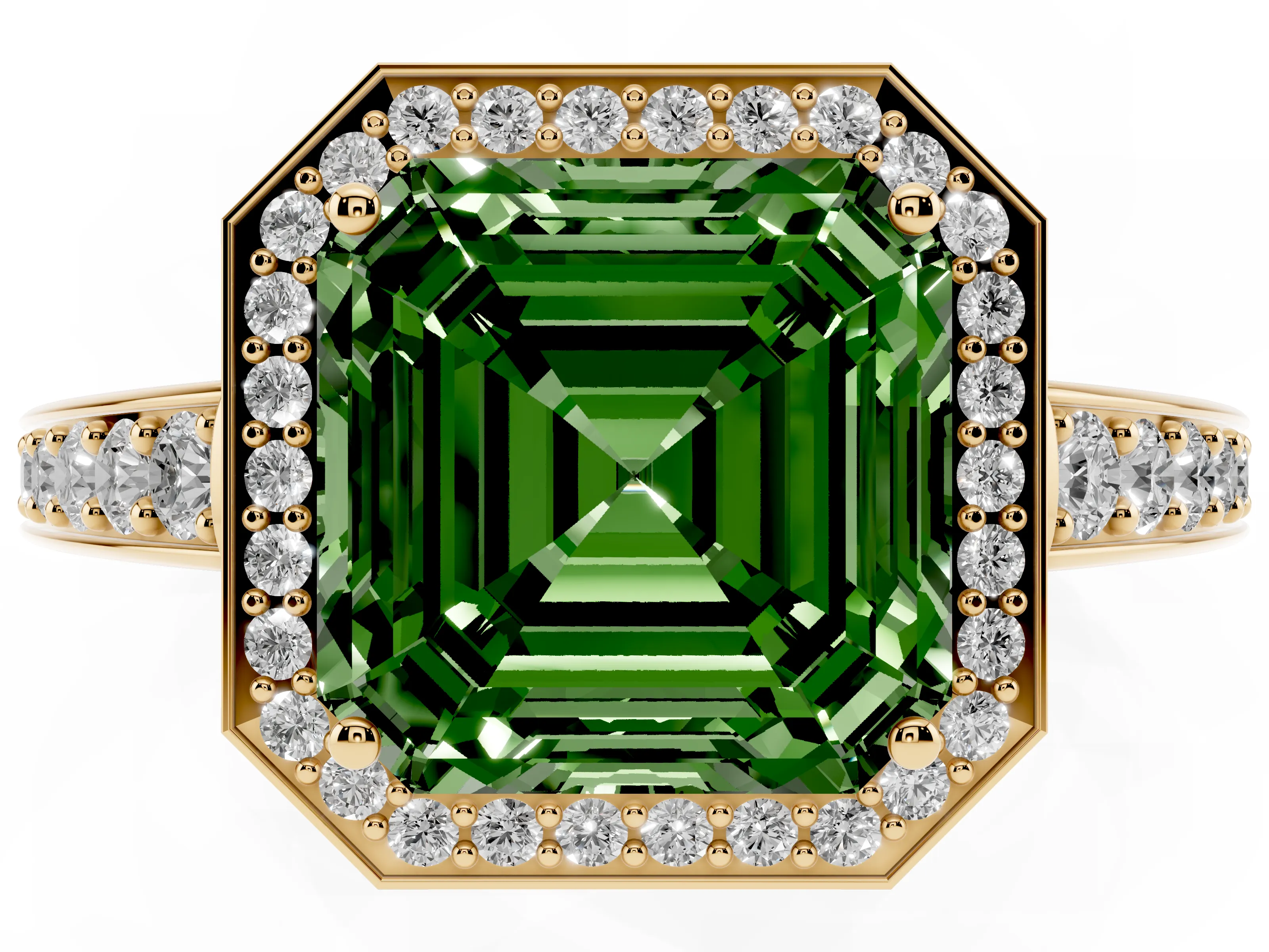Fancy Green Asscher Cut Diamond Halo Pavé Engagement Ring Set in Yellow gold with Bezel Setting
