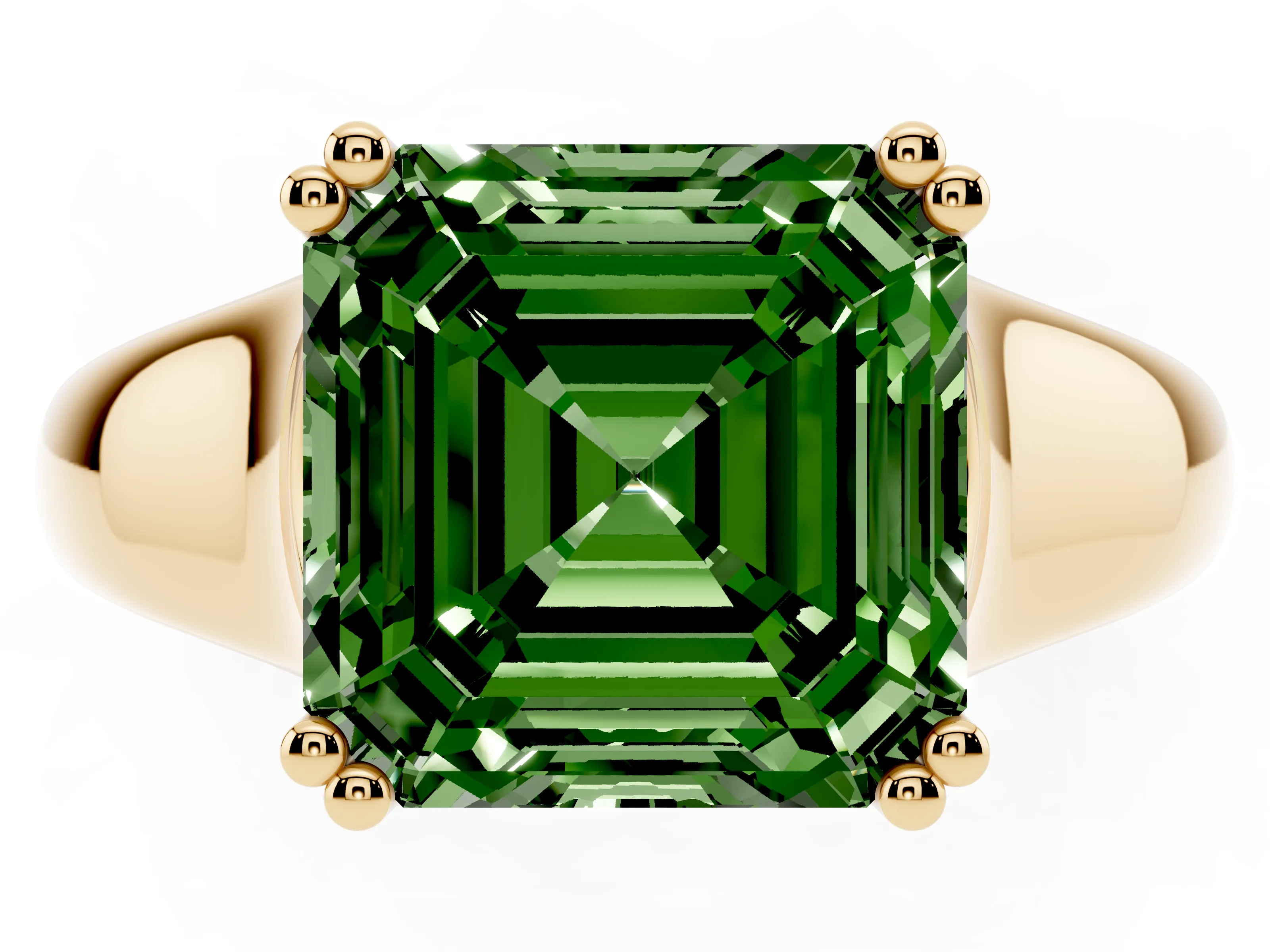 Fancy Green Asscher Cut Diamond Solitaire Ring Set in Yellow gold with Wide Band and Prong Setting