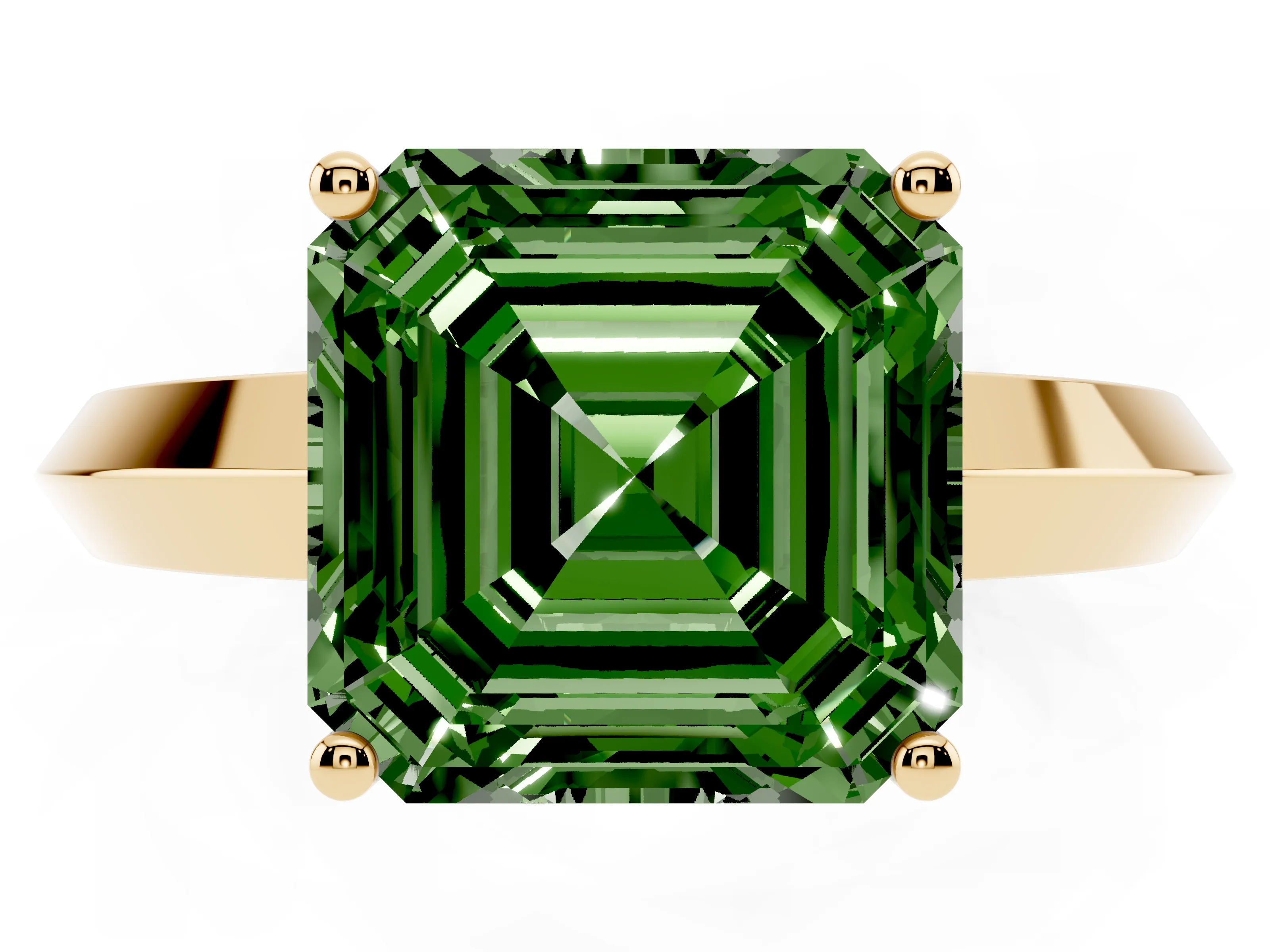 Fancy Green Asscher Cut Diamond Solitaire Engagement Ring Set in Yellow gold with Flat Band and Prong Setting