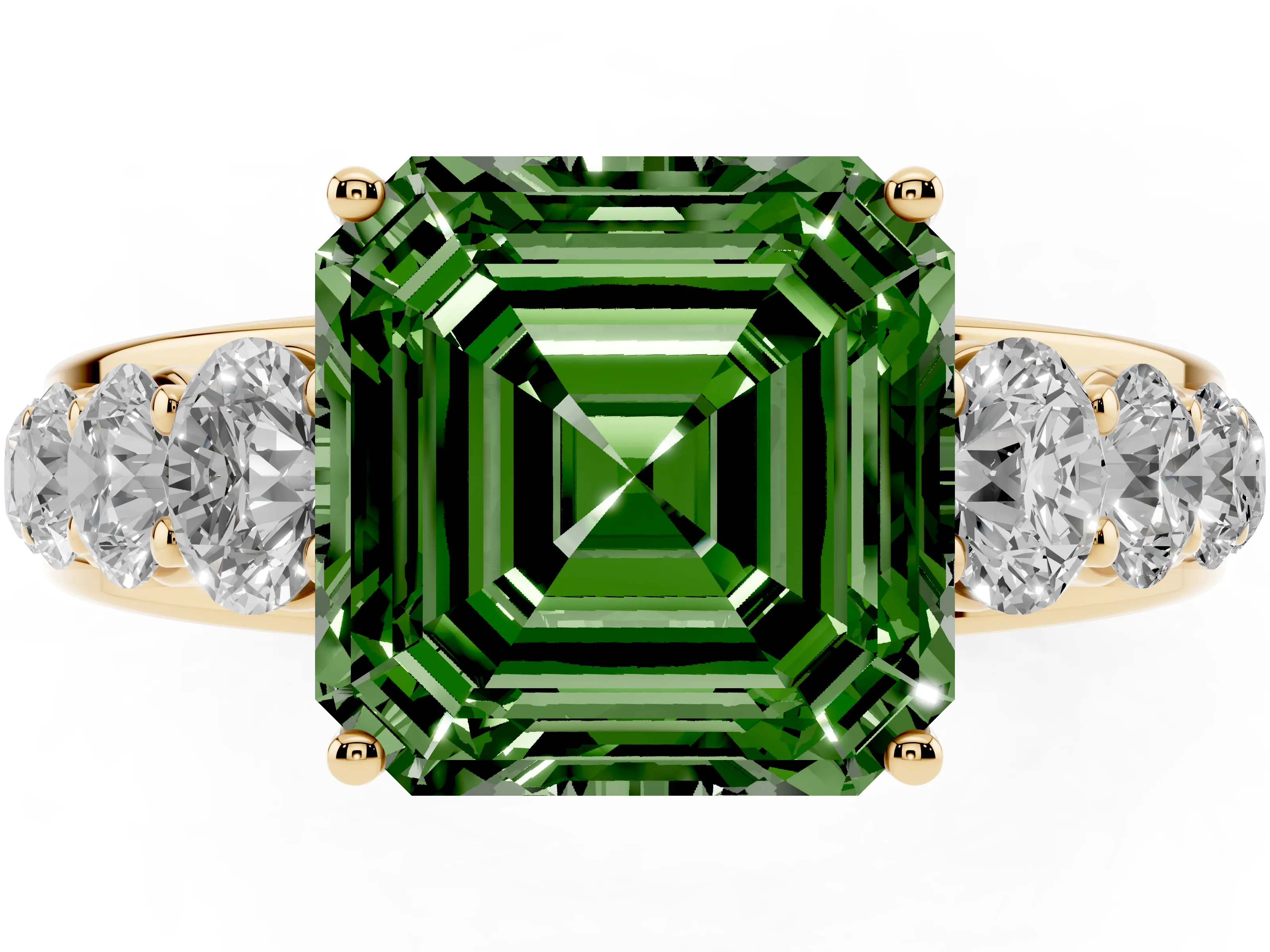 Fancy Green Asscher Cut Diamond Solitaire Ring Set in Yellow gold with Pavé-Set Band and Prong Setting