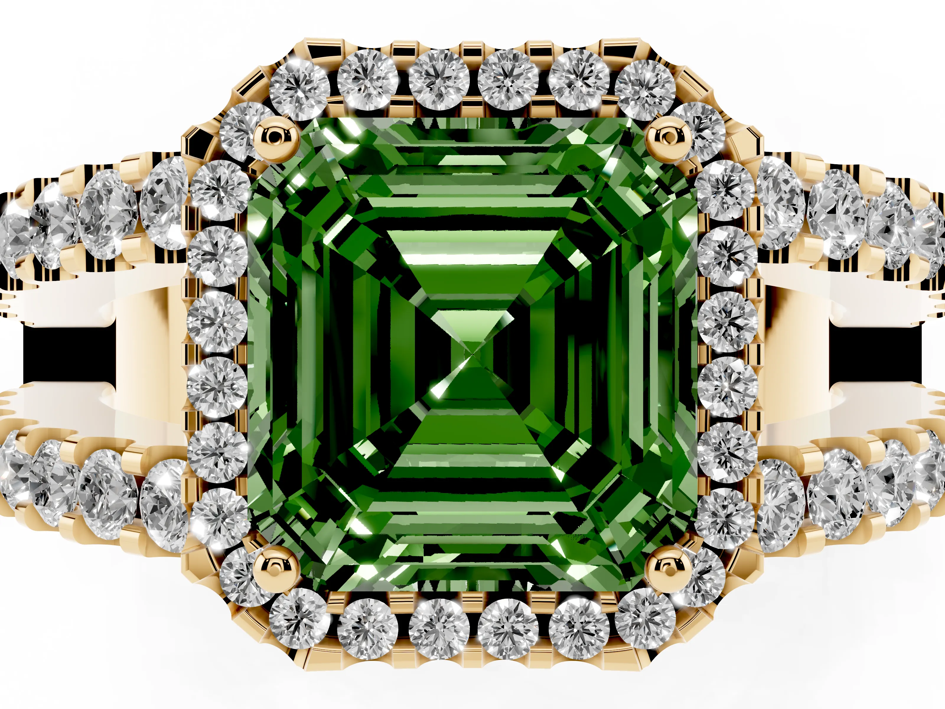 Fancy Green Asscher Cut Diamond Halo Ring Set in Yellow gold with Pavé Split Shank and Prong Setting