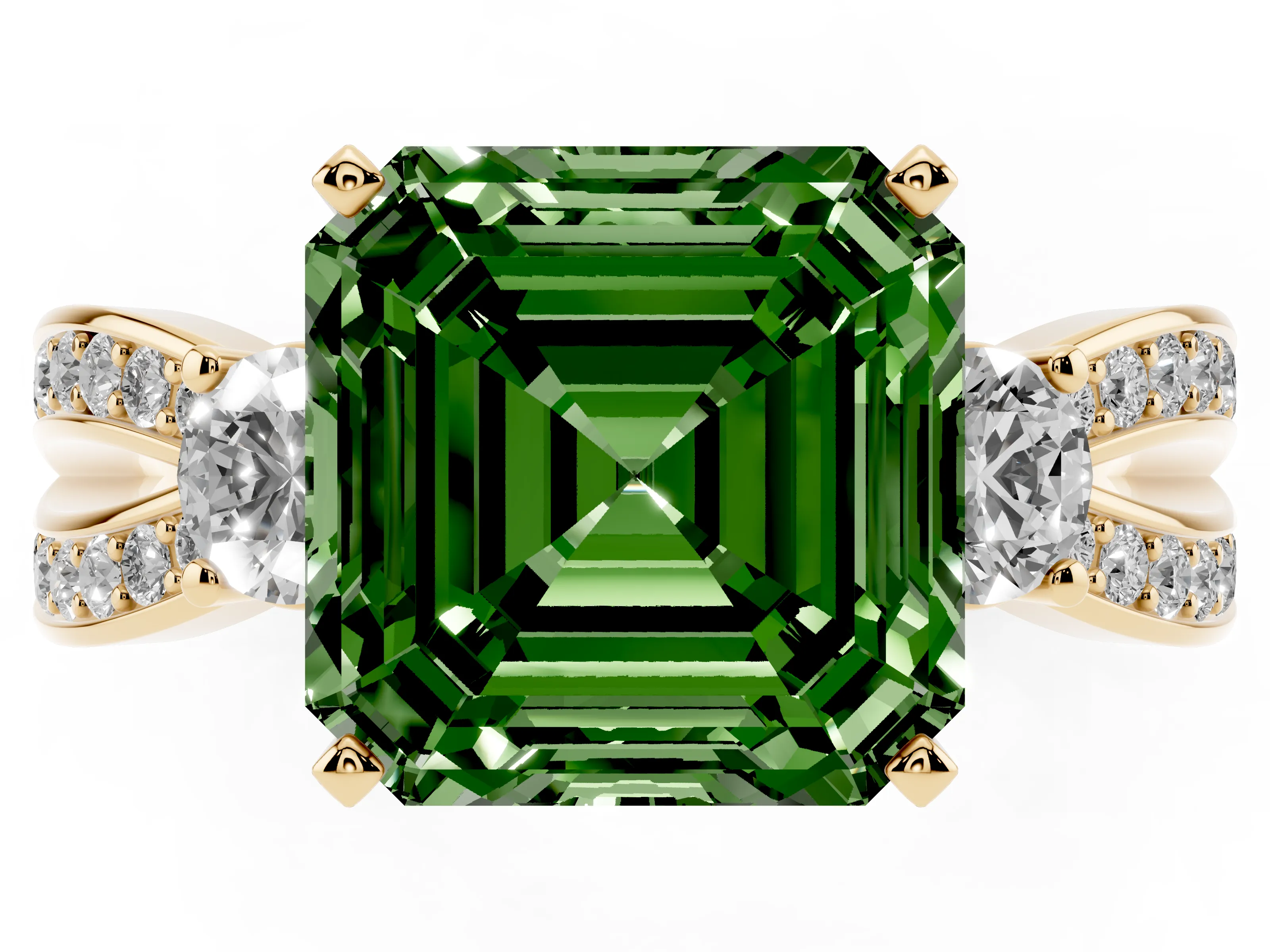 Fancy Green Three-Stone Asscher Cut Diamond Twist Band Ring Set in Yellow gold with Pavé Accents and Prong Setting