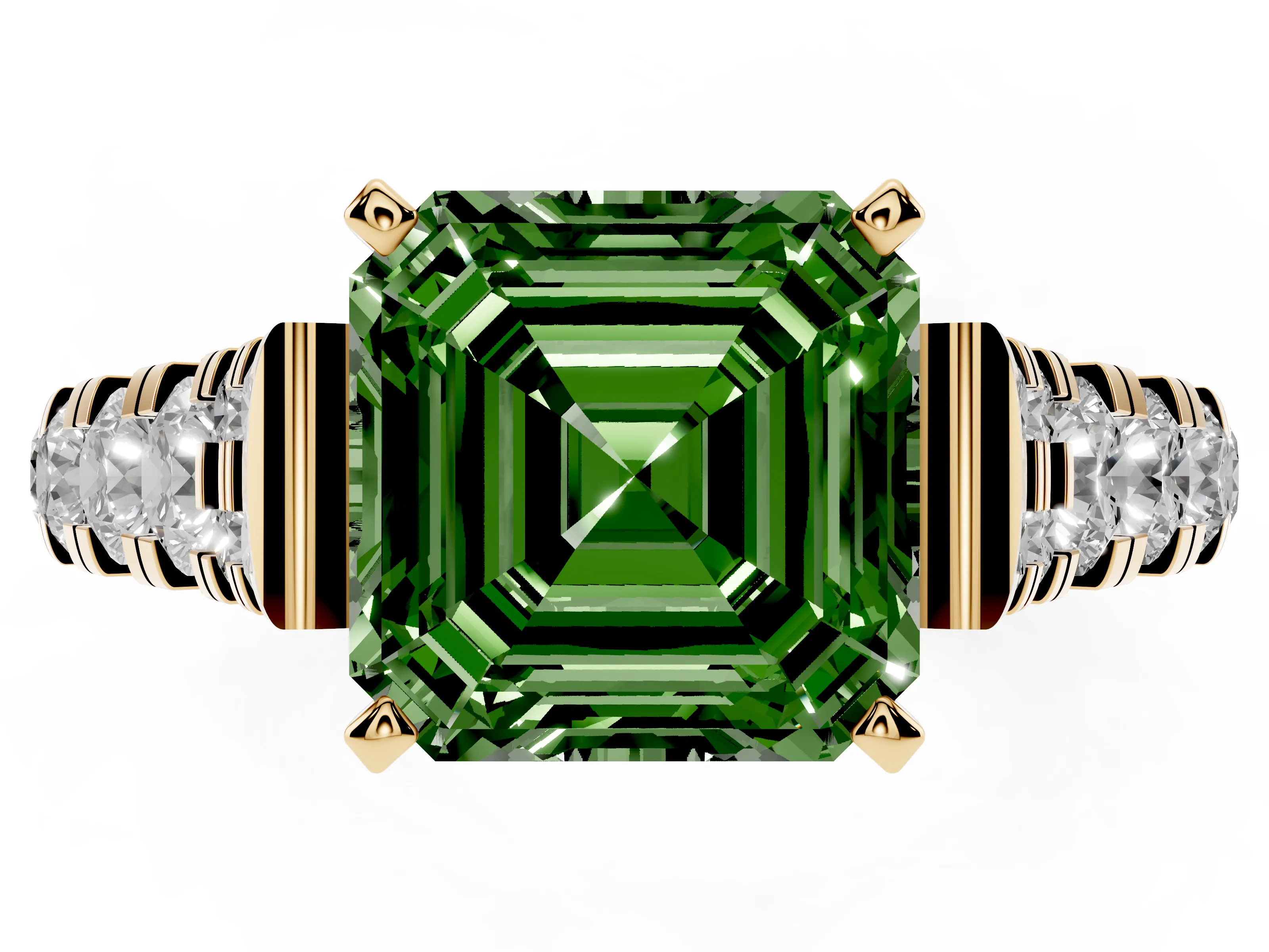 Fancy Green Asscher Cut Diamond Classic Solitaire Ring Set in Yellow gold with Pavé Band and Prong Setting