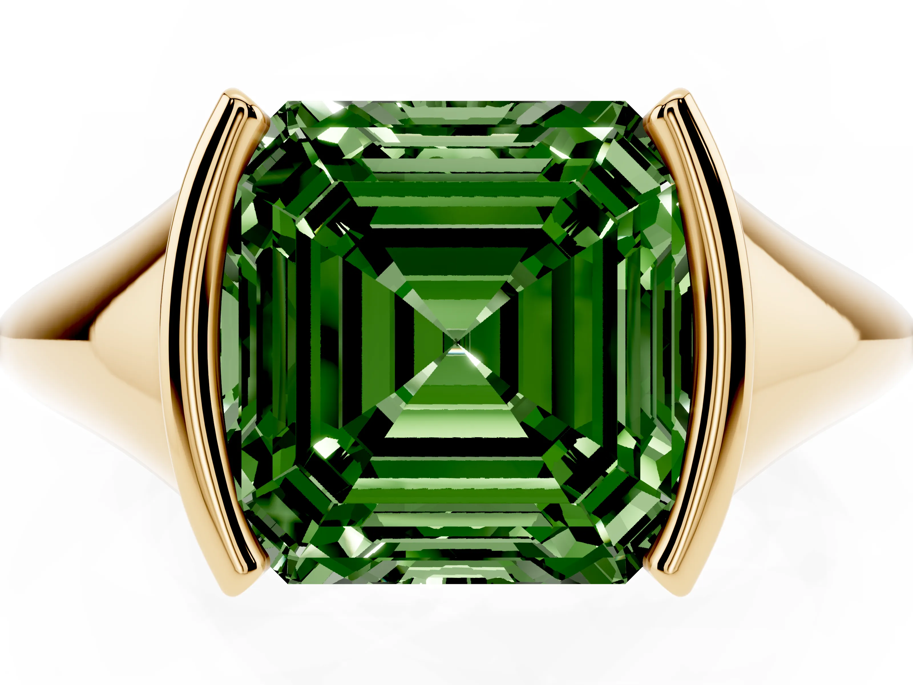 Fancy Green Asscher Cut Diamond Solitaire Tension Set Ring Set in Yellow gold