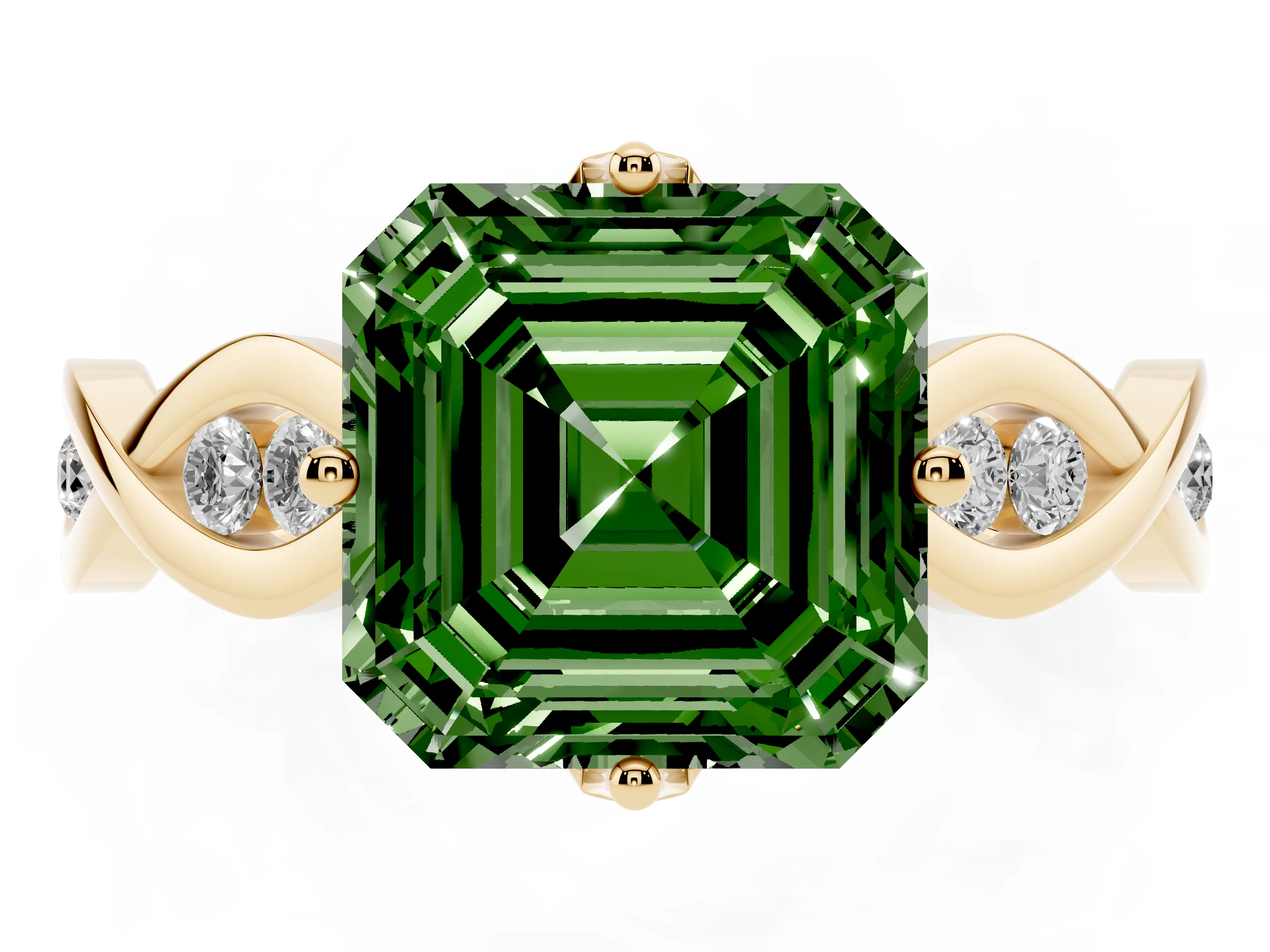 Fancy Green Asscher Cut Diamond Twist Band Solitaire Ring Set in Yellow gold with Leaf Prong Setting and Accent Stones