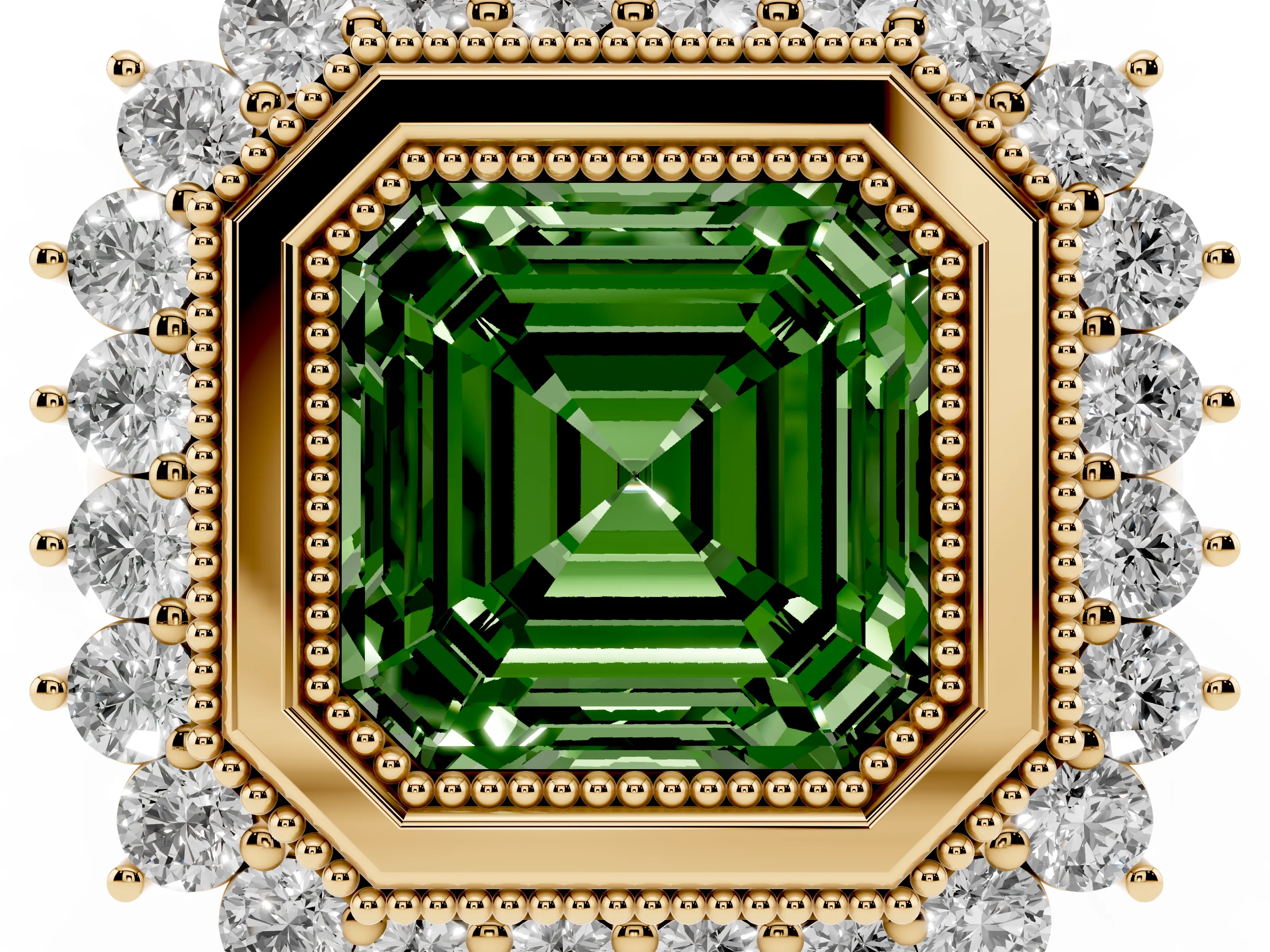 Fancy Green Asscher Cut Diamond Halo Ring Set in Yellow gold with Milgrain Edge and Round Prong Setting