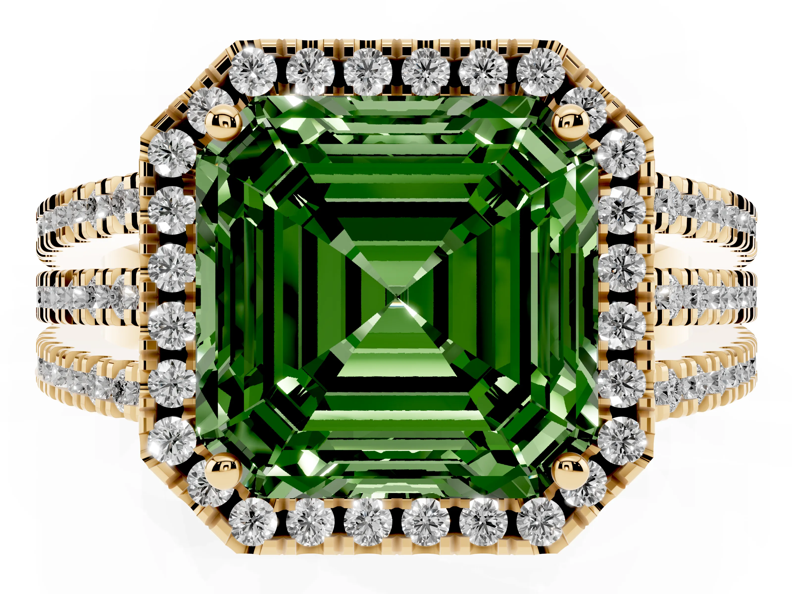 Fancy Green Asscher Cut Diamond Halo Split Shank Engagement Ring Set in Yellow gold with Prong Setting