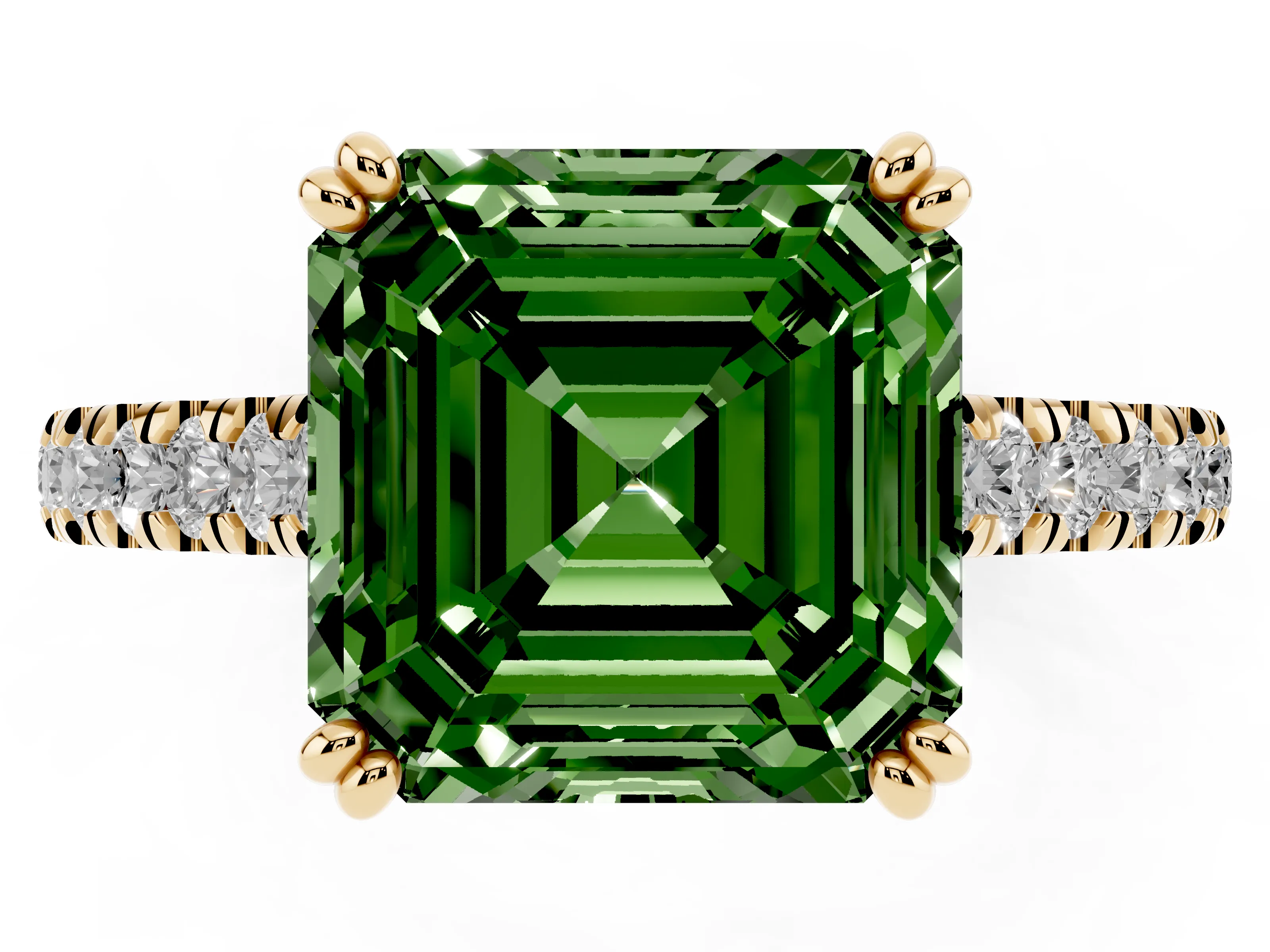 Fancy Green Asscher Cut Diamond Solitaire Engagement Ring Set in Yellow gold with Pavé Accents and Prong Setting