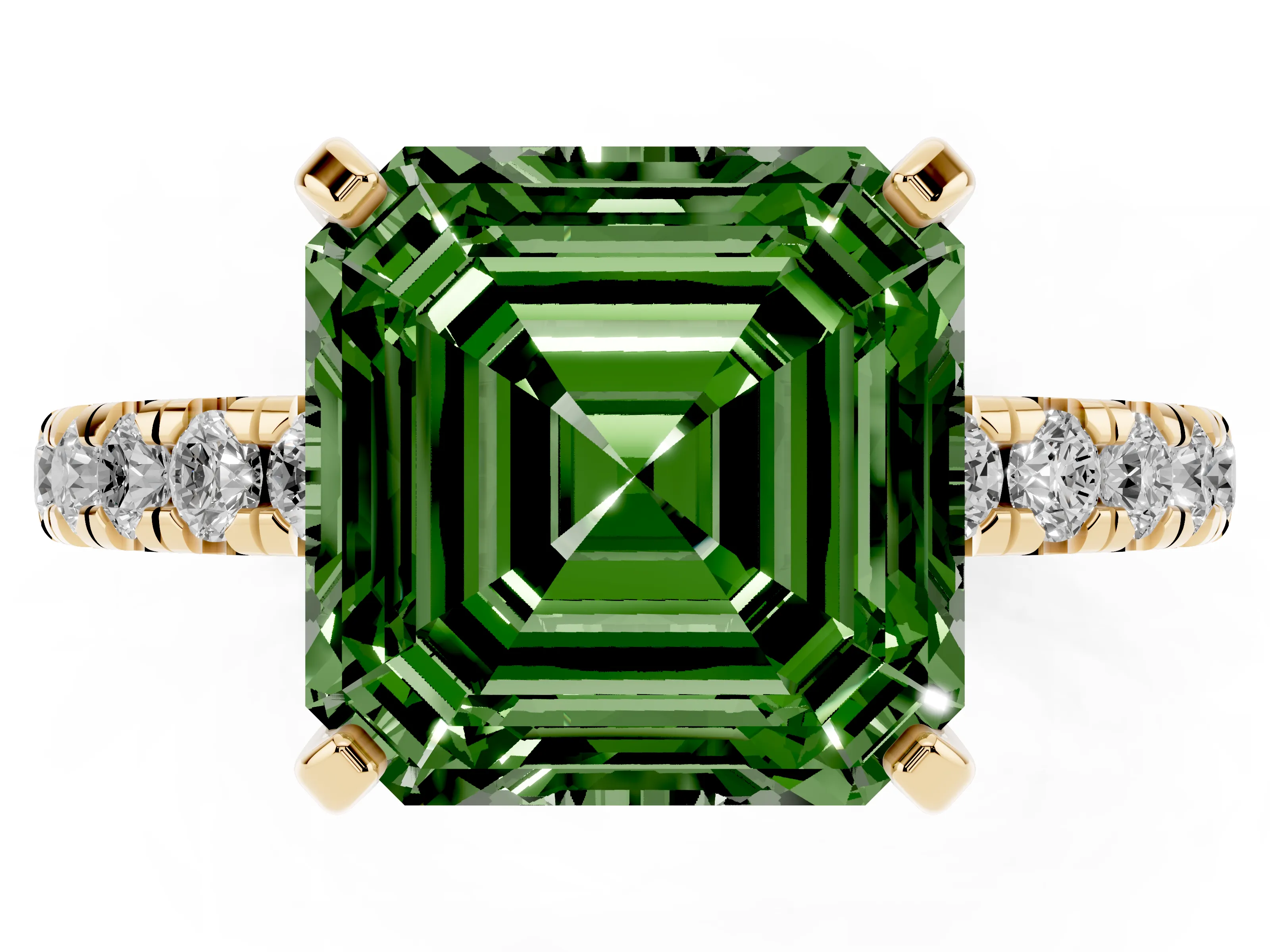 Fancy Green Asscher Cut Diamond Pavé Solitaire Ring Set in Yellow gold with Round Band and Prong Setting