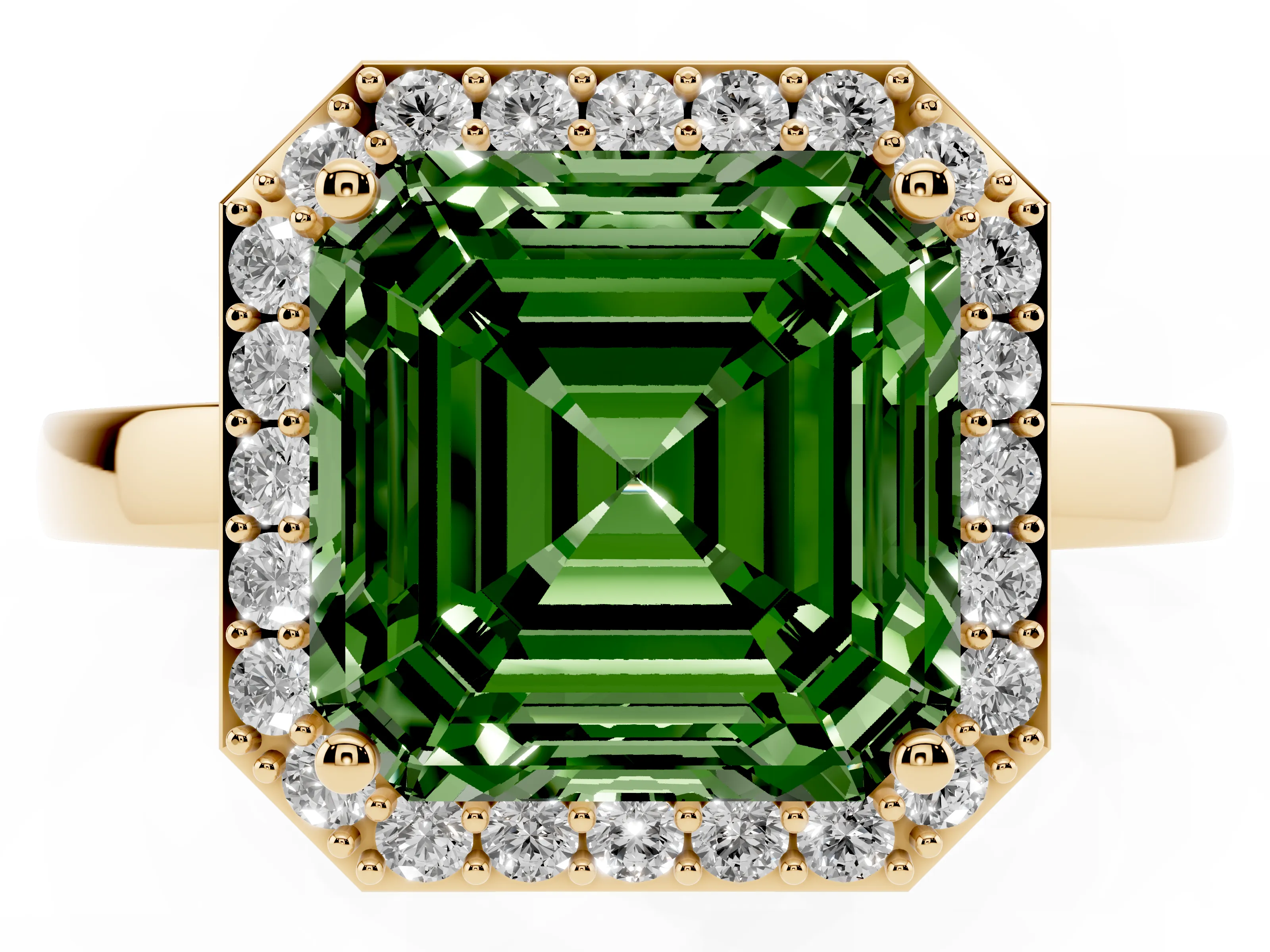 Fancy Green Asscher Cut Diamond Halo Ring Set in Yellow gold with Solitaire Band and Prong Setting
