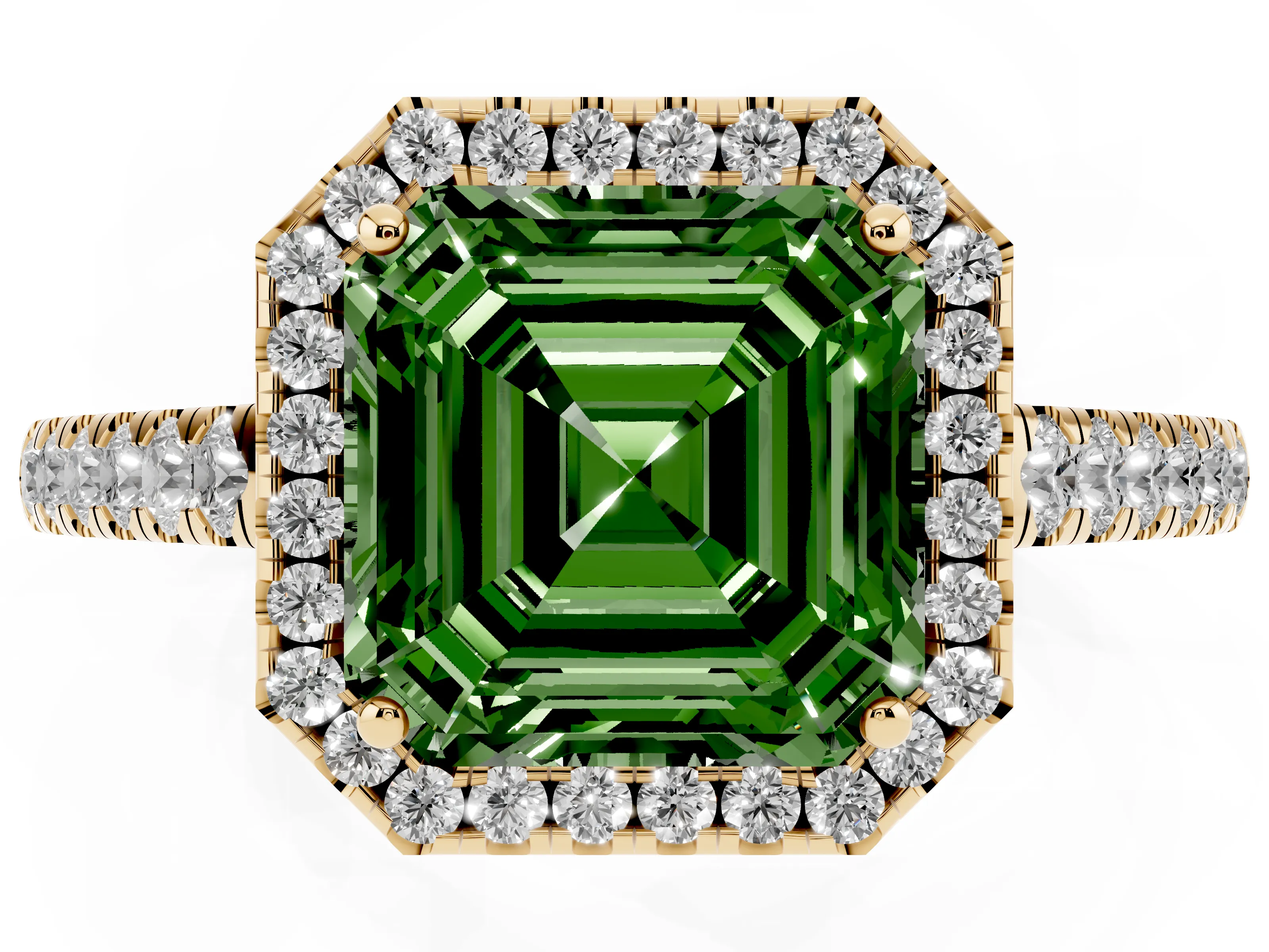 Fancy Green Asscher Cut Diamond Halo Pavé Engagement Ring Set in Yellow gold with Prong Setting