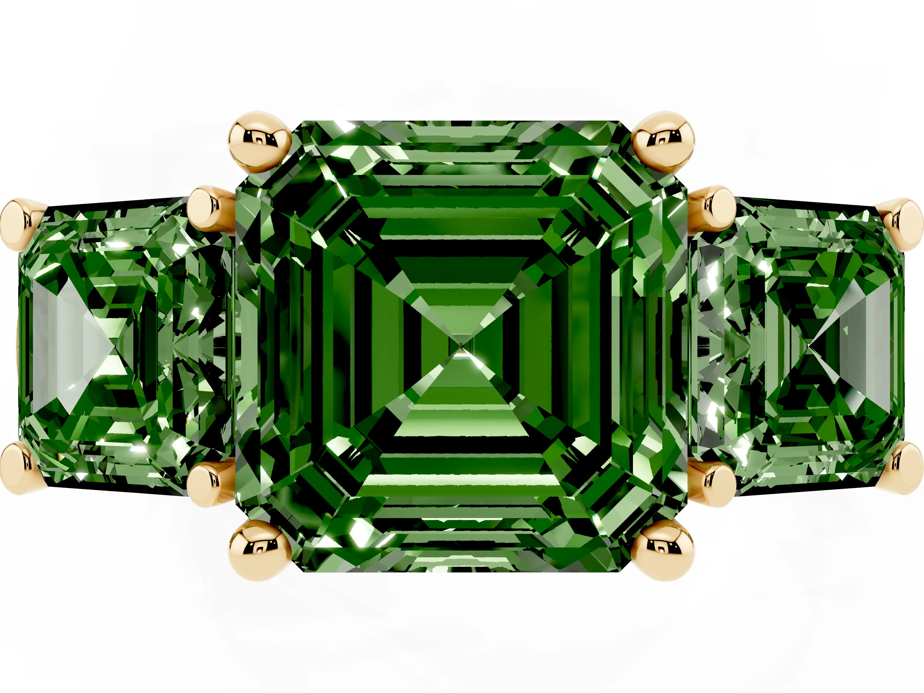 Fancy Green Asscher Cut Diamond Three-Stone Trellis Ring Set in Yellow gold with Comfort Fit Band
