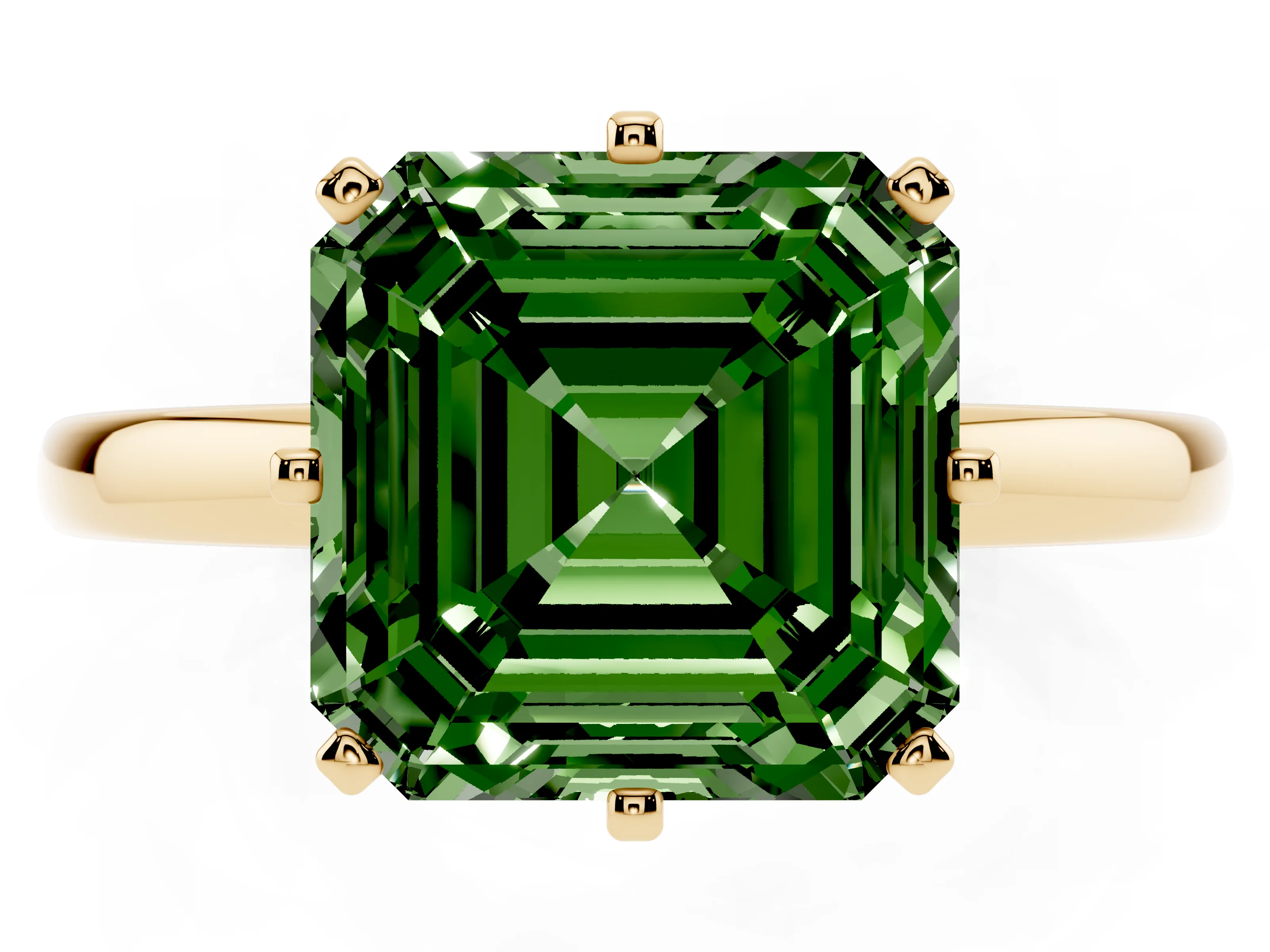 Fancy Green Asscher Cut Diamond Solitaire Ring Set in Yellow gold with Raised Prong Setting on a Classic Band