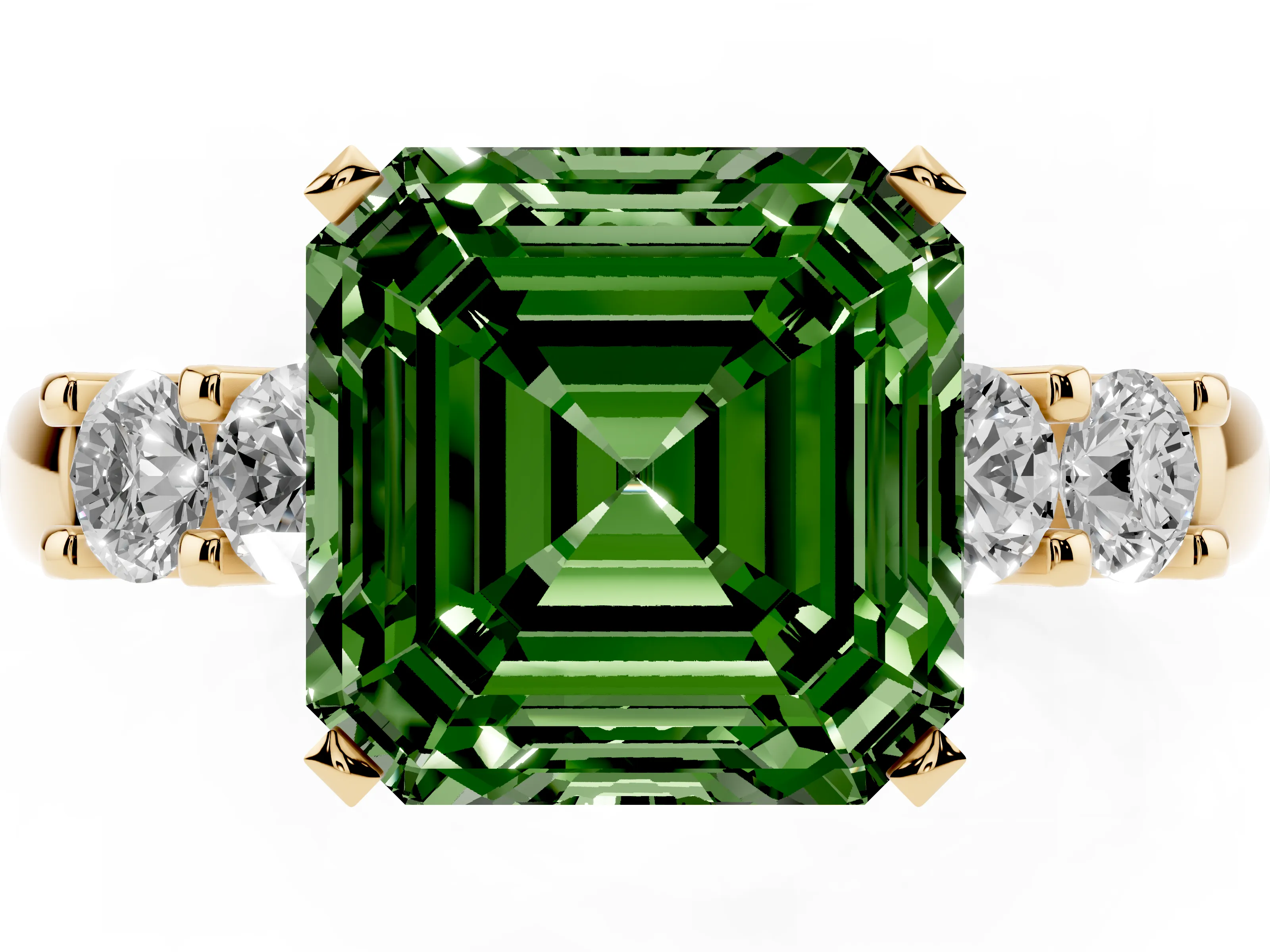 Fancy Green Asscher Cut Diamond Five-Stone Prong Set Engagement Ring Set in Yellow gold with Channel Band