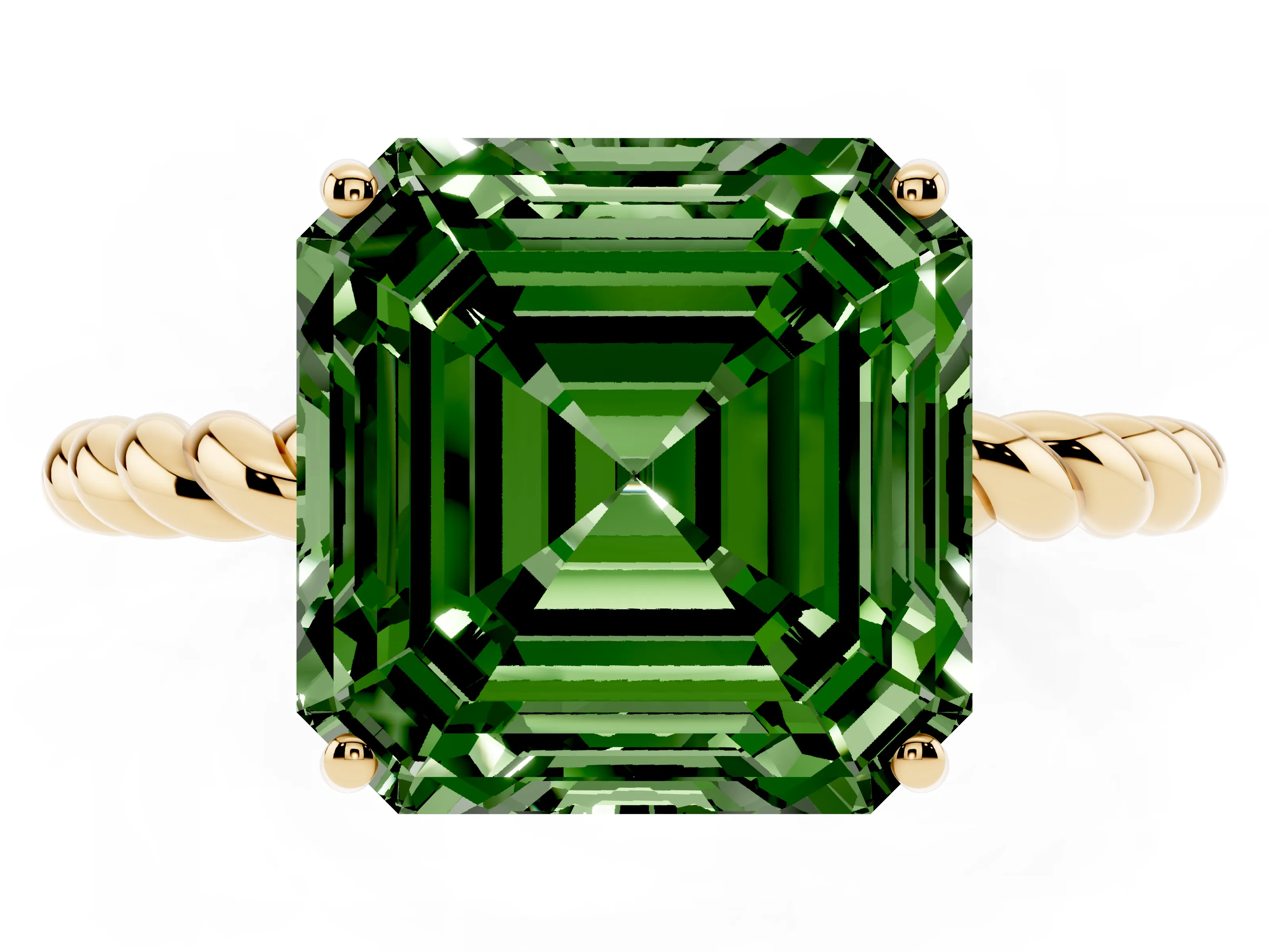 Fancy Green Asscher Cut Diamond Solitaire Ring Set in Yellow gold with Twist Band and Prong Setting